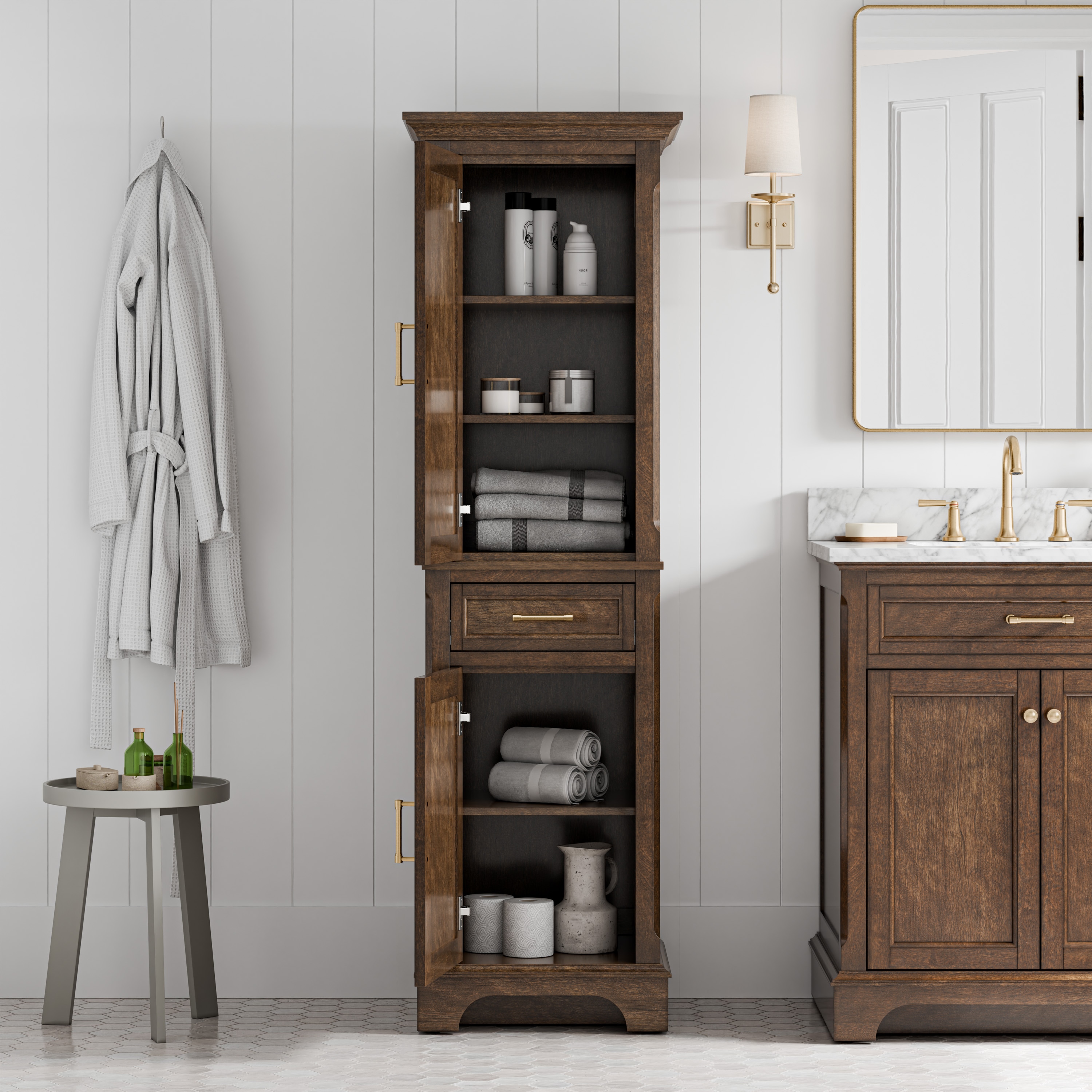 allen + roth Roveland 20-in x 66-in x 18-in Deep Walnut Freestanding ...