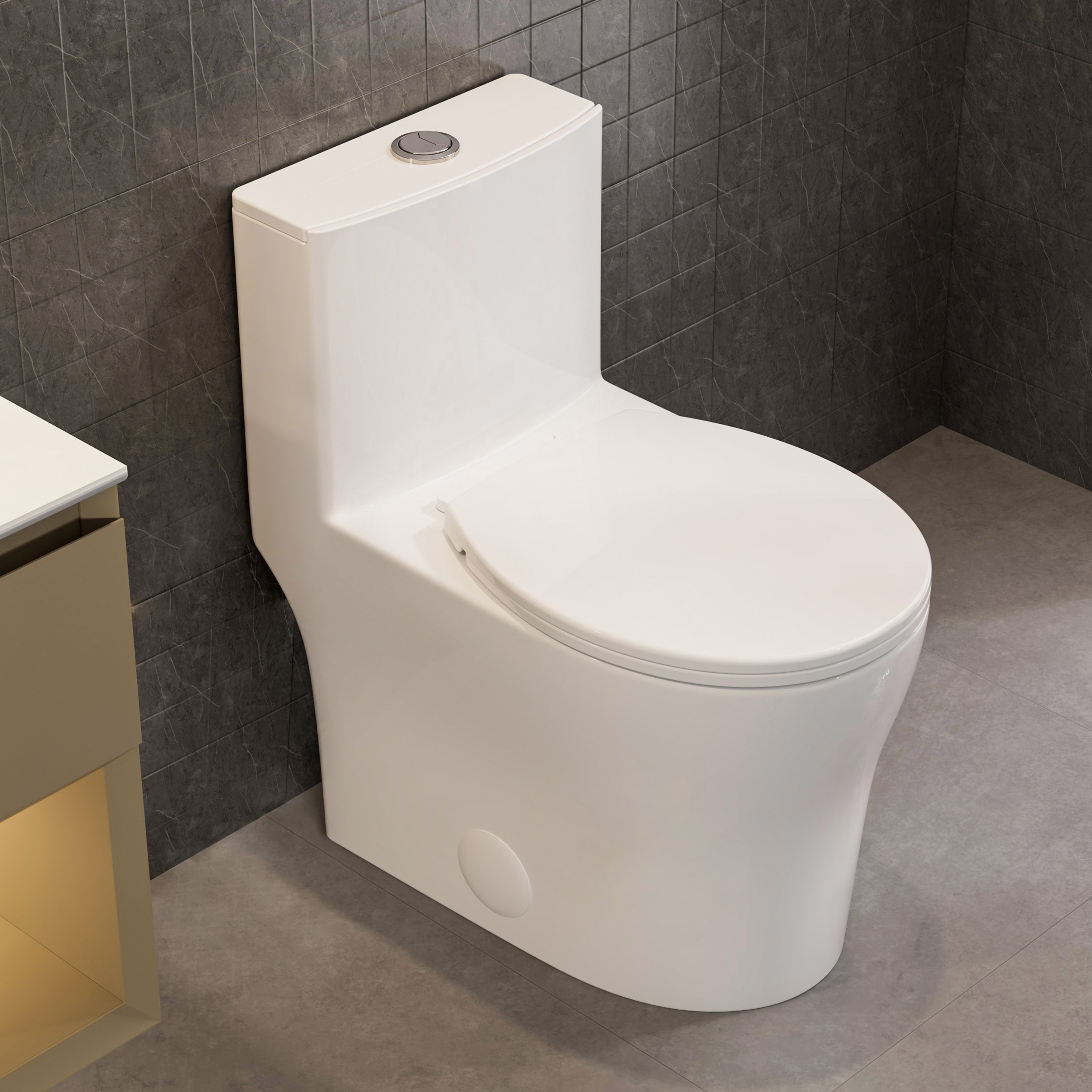CASTA DIVA White Round 1-Piece Skirted Toilet 12 in. Rough-in 0.9/1.28 GPF Dual Flush Soft Close