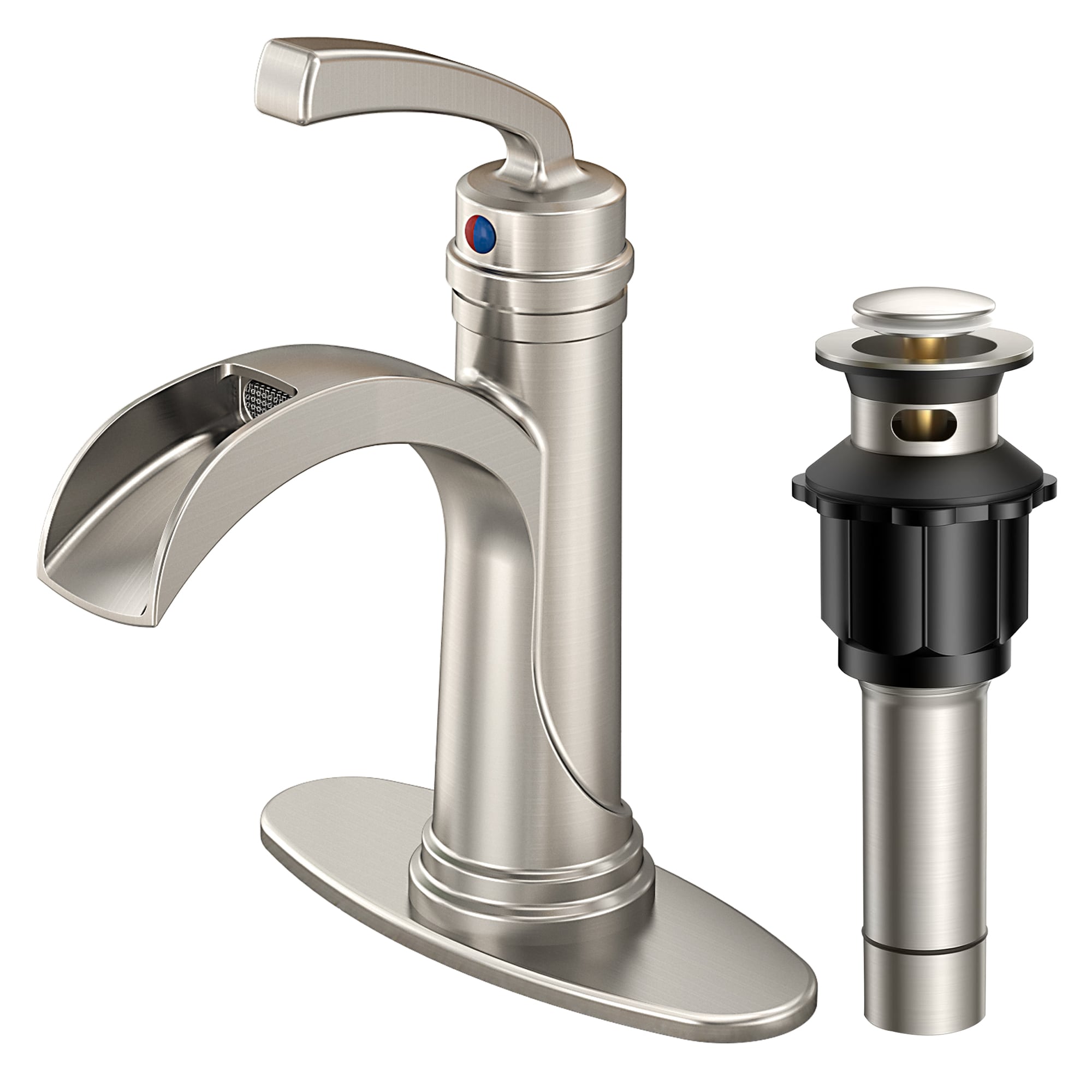 FURUISI LL39A53BN Brushed Nickel Single hole 1-handle Waterfall Commercial/Residential Handle Bathroom Sink Faucet with Drain with Deck Plate