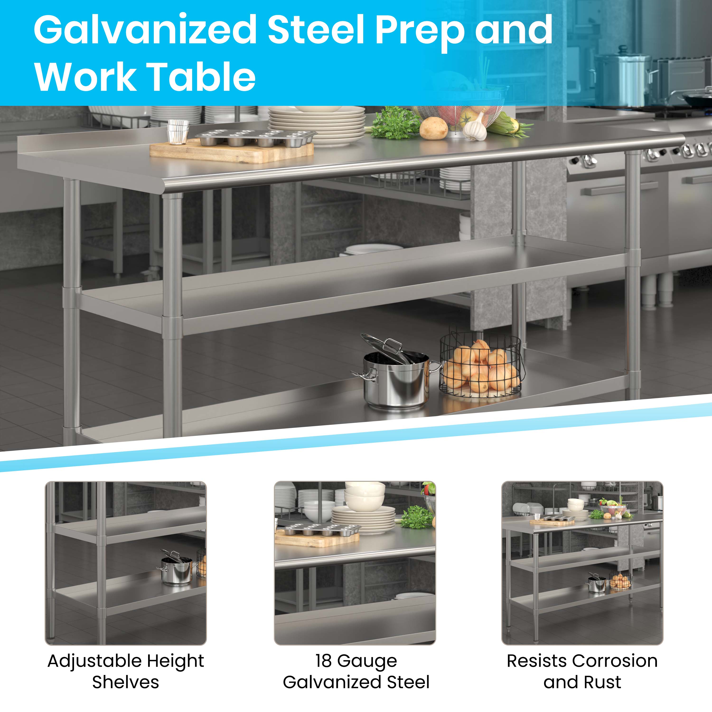 Silver Stainless Steel Kitchen Work Table with Adjustable Shelves