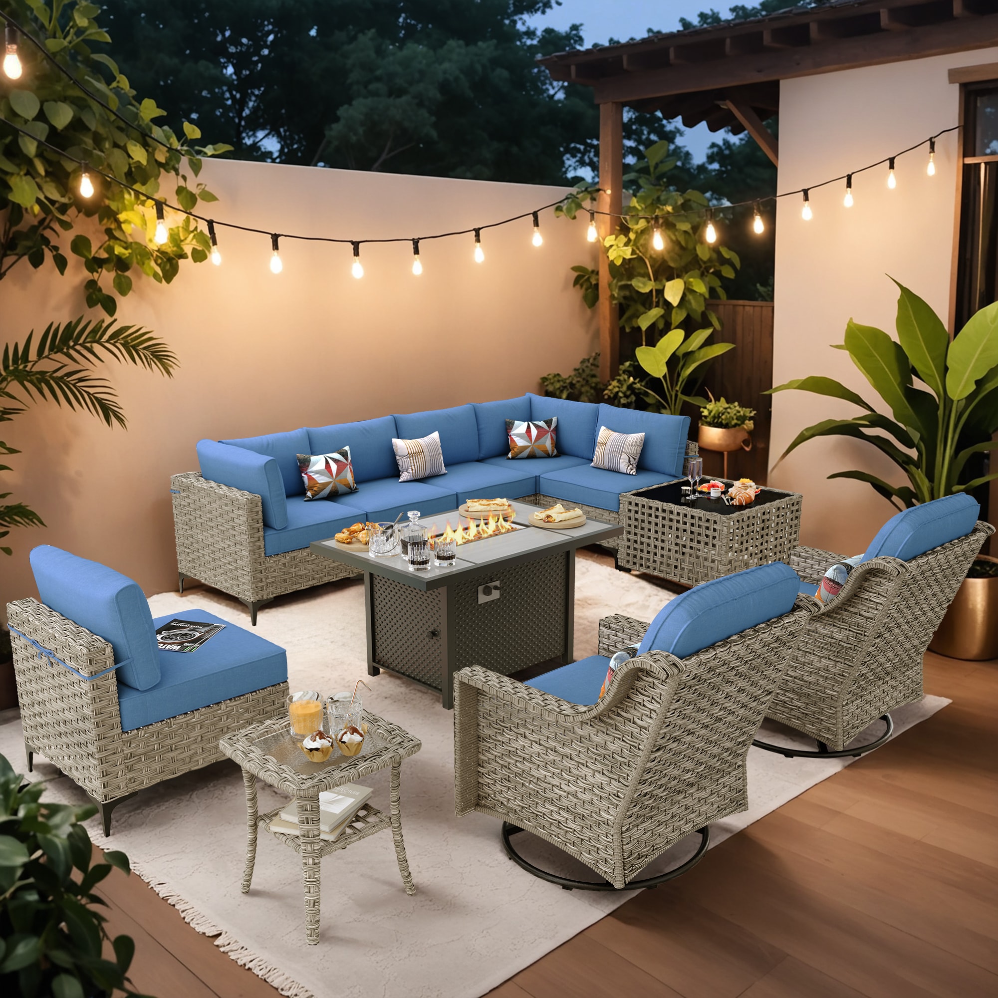 XIZZI XISKT506-RC3IFP Amber Rattan Outdoor Sectional with Blue Cushions and Steel Frame
