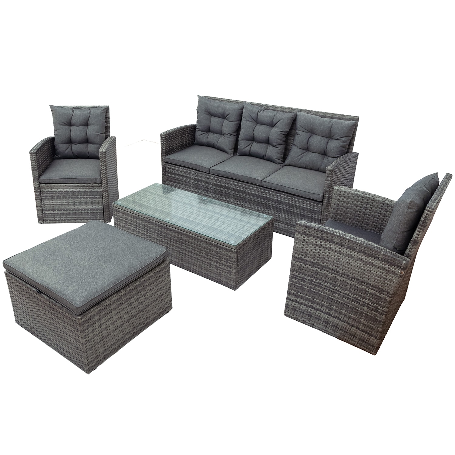 SINOFURN 5 Piece Rattan Patio Conversation Set with Gray Cushions