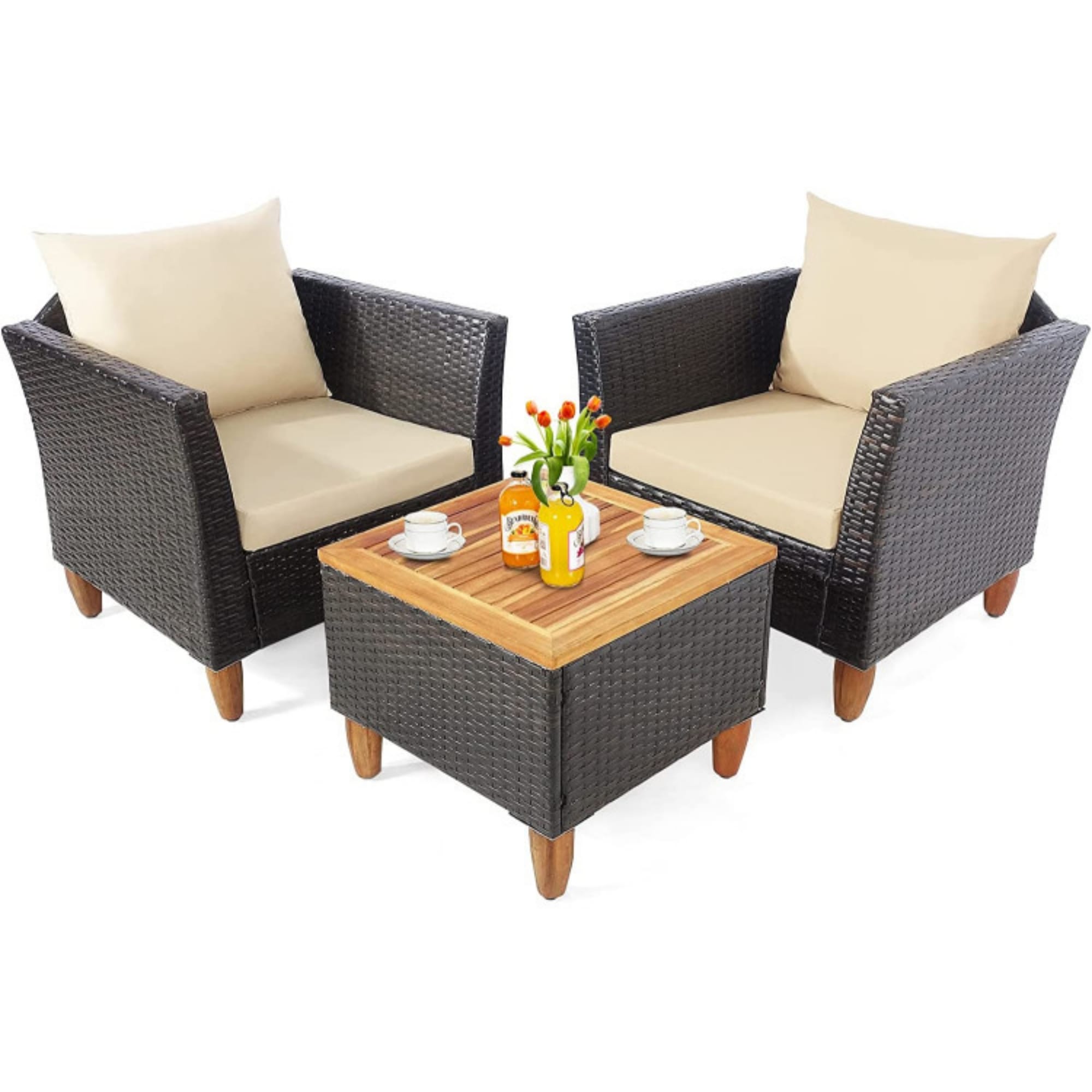 BABOOM BOM-66533BN-CO 3 -Piece Rattan Patio Conversation Set with Off-white Cushions