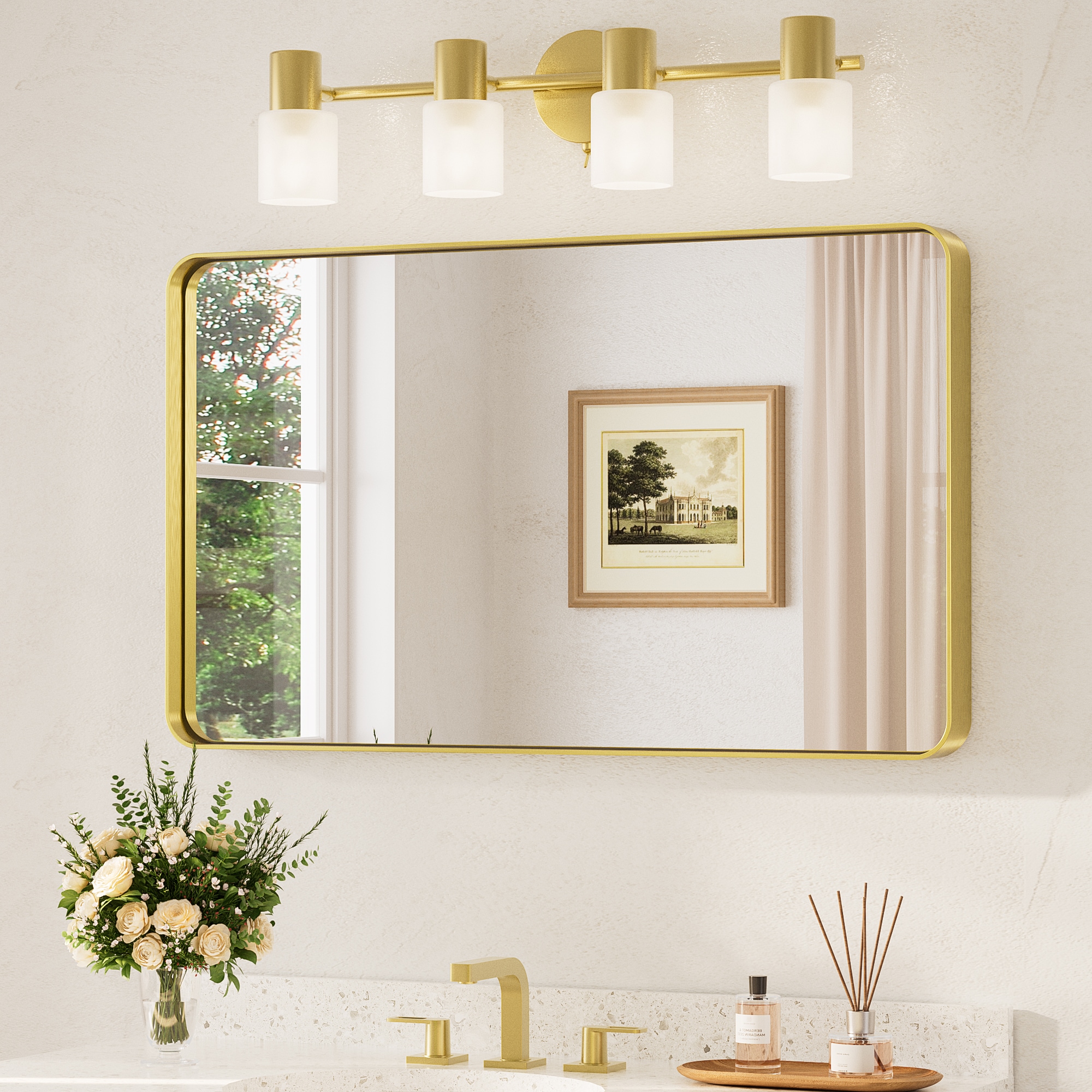 TETOTE 40x24 Inch Brushed Gold Bathroom Vanity Mirror Tempered Glass Metal Framed Over Sink Horizontal/Vertical #LSC-TE-4024GD-B15