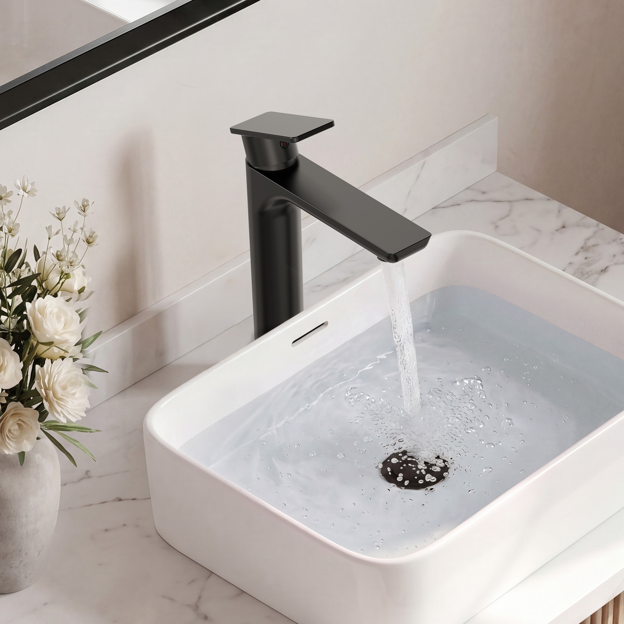EVERSTEIN Vessel Single Hole Bathroom Sink Faucet with Pop-Up Drain Tall Single Handle Solid Brass Bathroom Faucet with Supply Lines in Matte Black 1.2 GPM