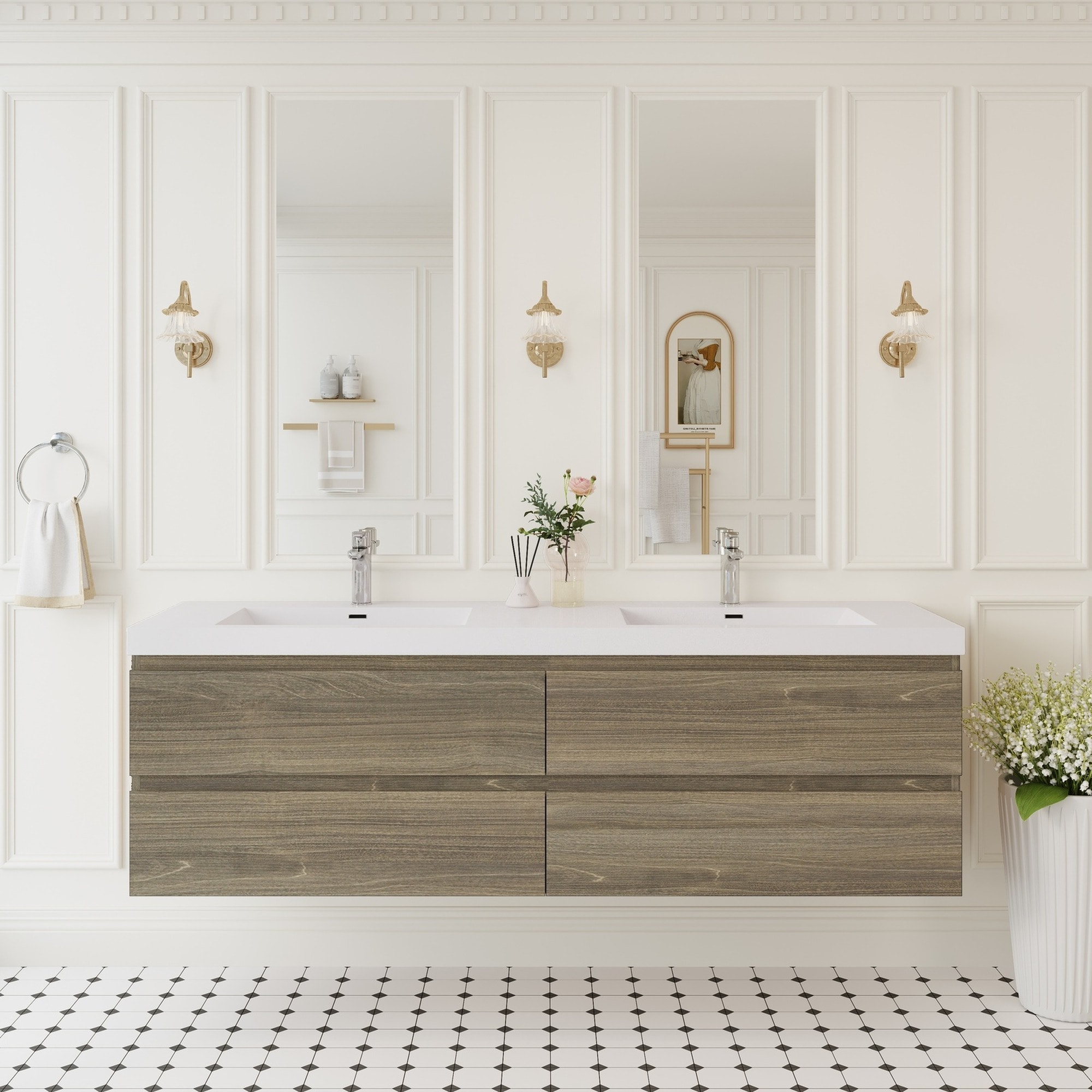 IAK 72 inch Grey Ash Floating Bathroom Vanity with Solid Surface Top Basin and Two Sinks with Four Soft Close Drawers