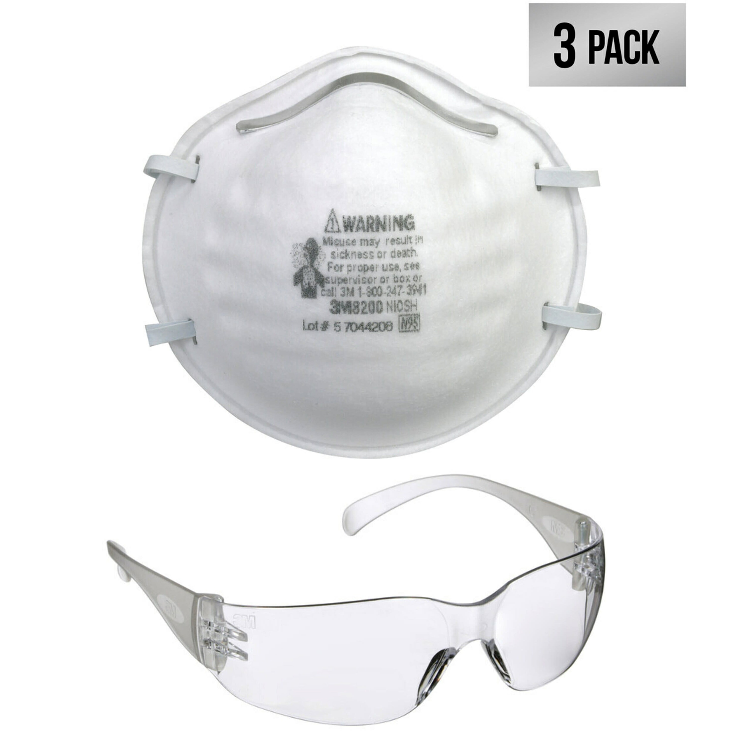 3M Plastic Safety Glasses + 3-pack Reusable N95 Painting, Sanding, and Fiberglass Safety Respirator Masks