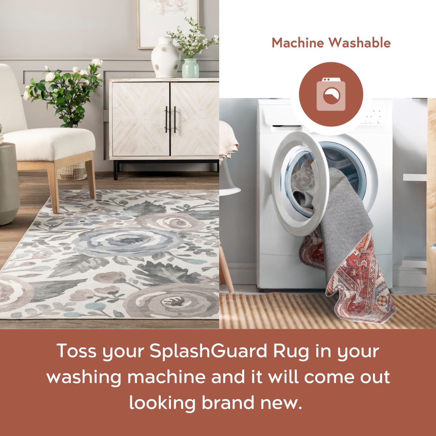 Gray Floral Washable Stain-Resistant Synthetic Area Rug 4' x 6'
