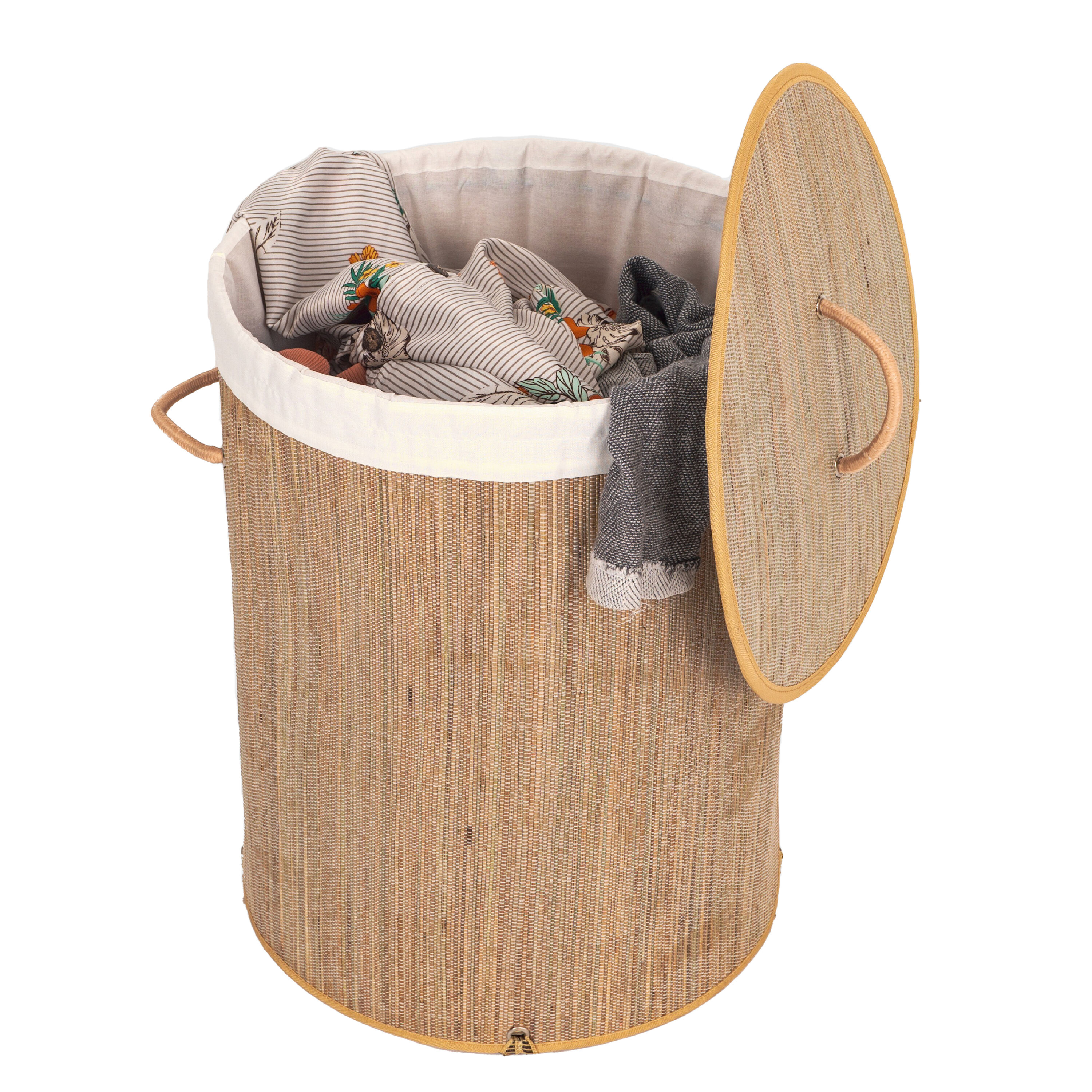 Round Natural Mendong Collapsible Laundry Hamper with Lid and Handles