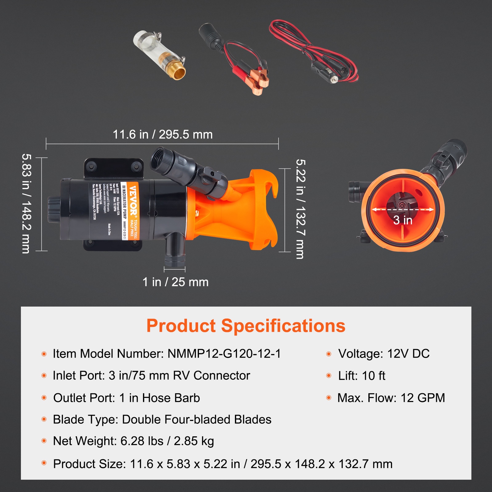 VEVOR 12V Black and Orange RV Portable Macerator Pump