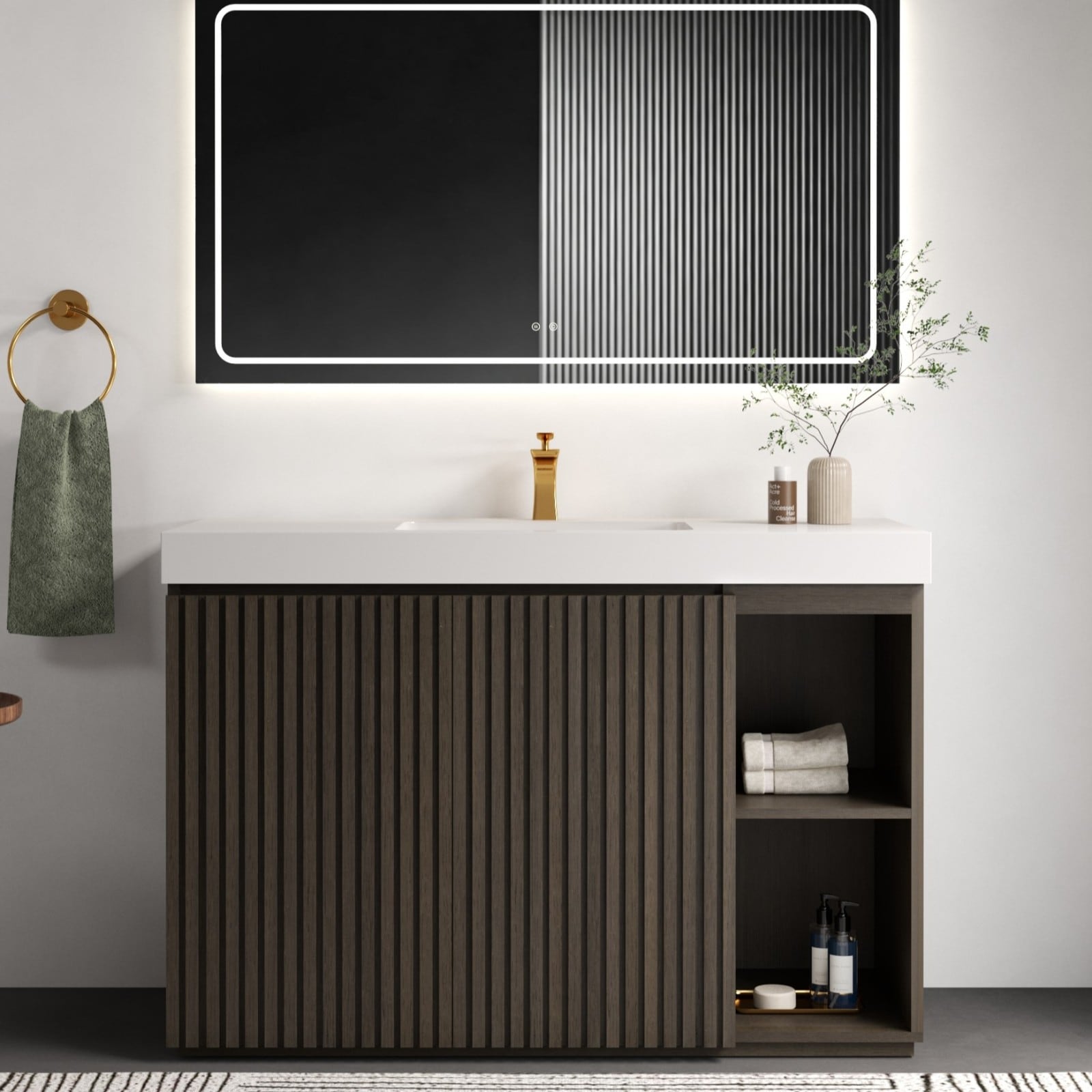 CHITA Oak and Smoke Wall-Mounted Bathroom Vanity Cabinet with Solid ...