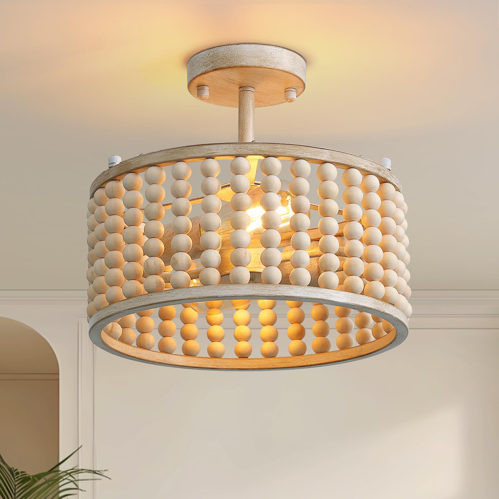 Liwidu  Boho Farmhouse 12.6 in 2-Light Oak White Wood Beaded Chandelier Ceiling Light