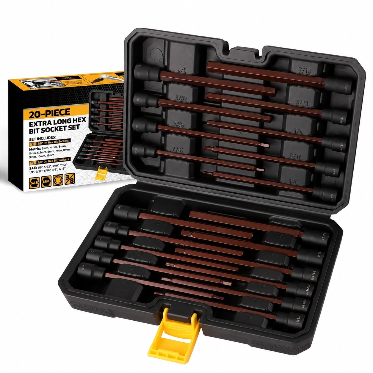 AOIZGMY  Extra Long Allen Hex Bit Socket Set 20 Piece 3 slash 8 Inch Drive S2 Steel Standard SAE and Metric 1 slash 8 Inch to 7 slash 16 Inch 3