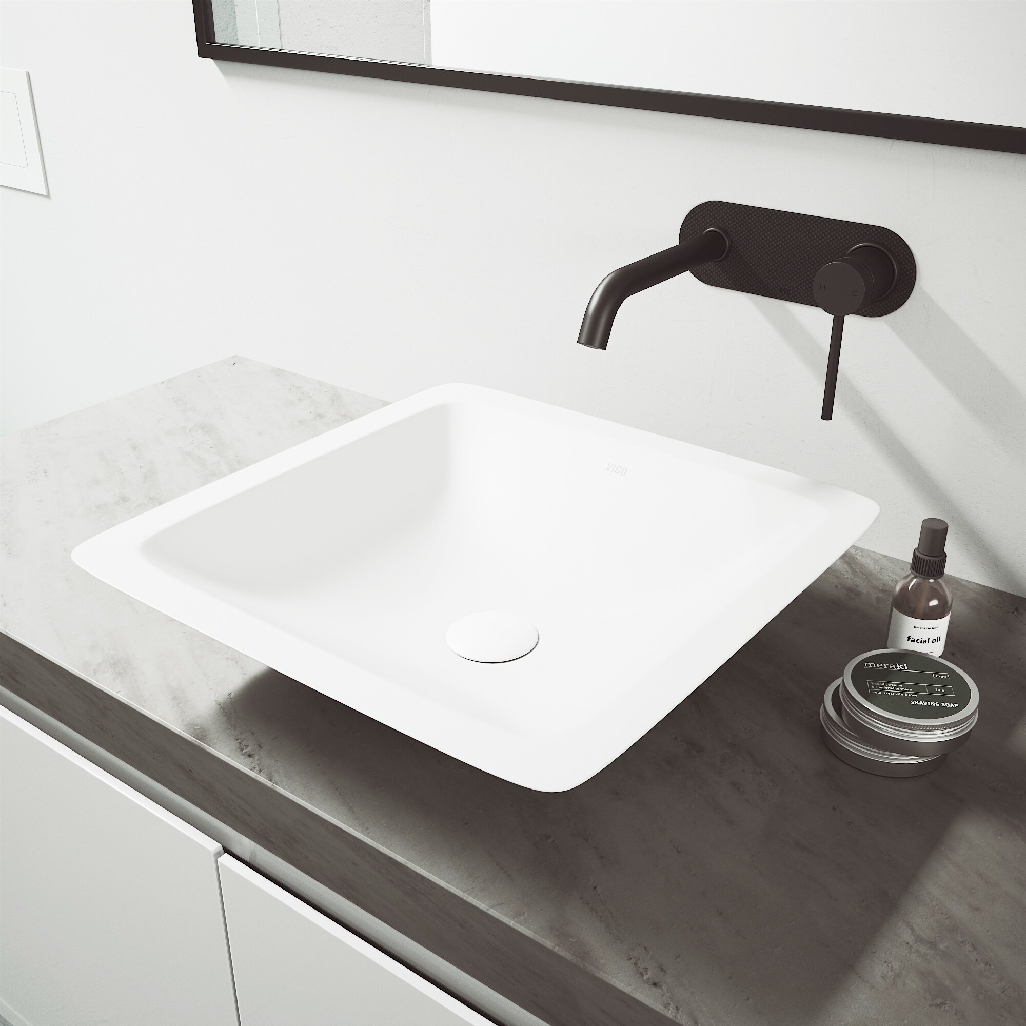 VIGO White Begonia Handmade Countertop Matte Stone Square Vessel Bathroom Sink in Matte White