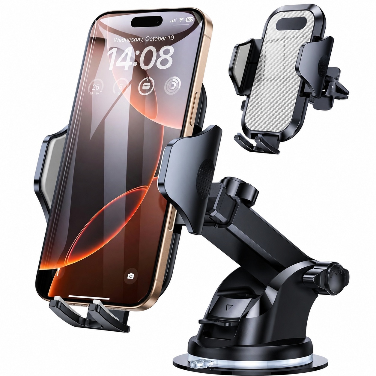 Etokfoks  car phone mount holder for dashboard windshield and air vent with ultra stable suction cup soft silicone cradle telescopic arm and