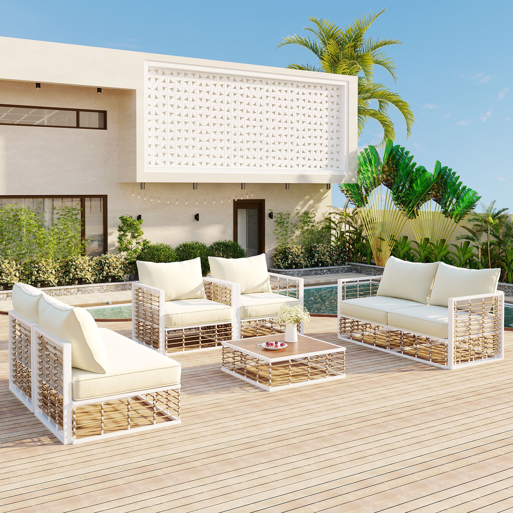 Mondawe MA-GCS38-7 7 -Piece Rattan Patio Conversation Set with Off-white Cushions