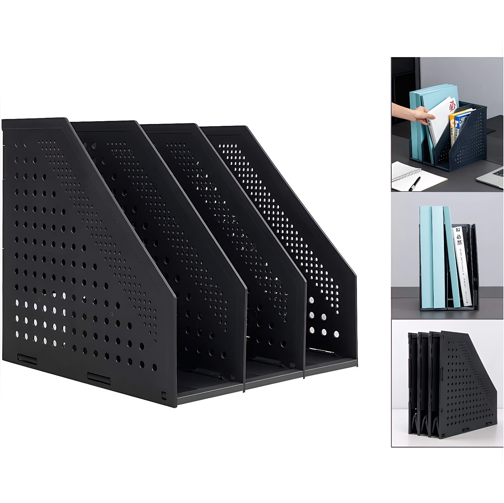 MiniEpic Black Wooden Literature Organizer with 4 Compartments and Detachable Shelves Countertop Mail Sorter for Documents and Paper