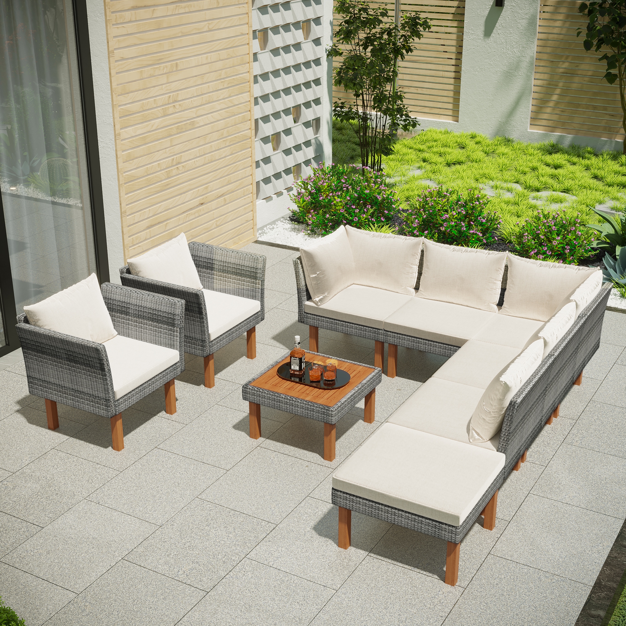 ModernLuxe L-FG201208AAA 9 -Piece Wicker Patio Conversation Set with Off-white Cushions