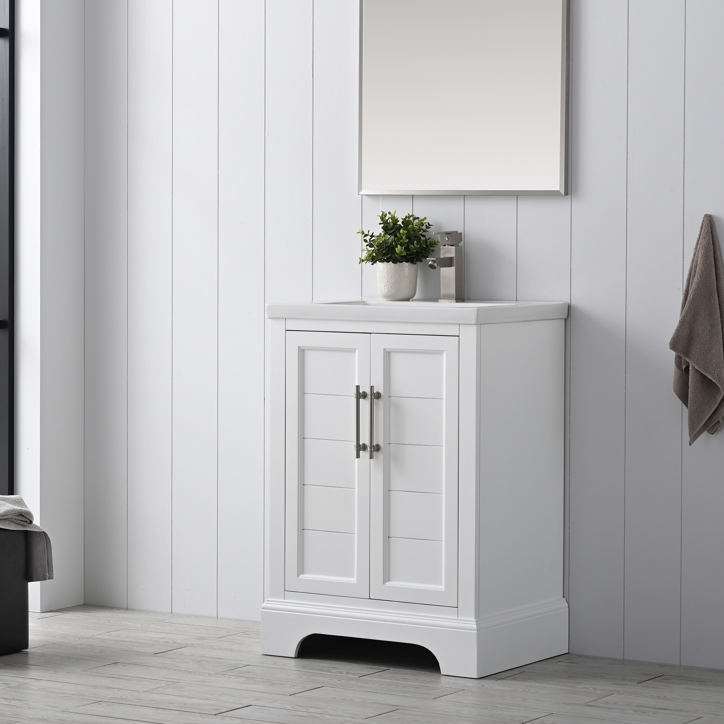 White Single Sink Bathroom Vanity with Ceramic Top, 24-inch