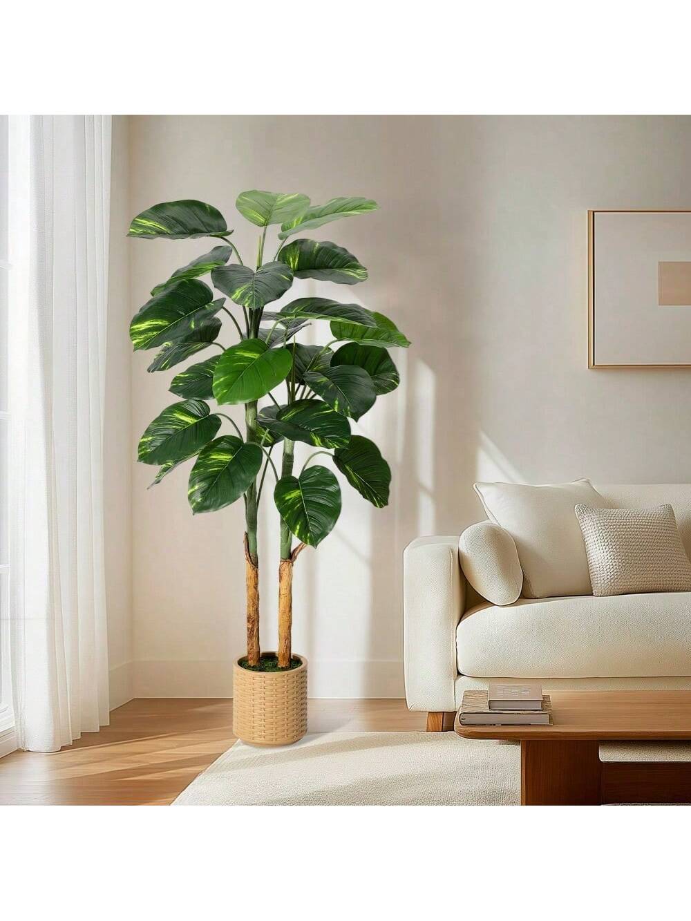 Qeetex PHK-33YLKGHR-HF4 5FT Artificial Scindapsus Aureus Plant. Realistic Golden Pothos Floor Tree in Pot. No Maintenance Required. Perfect for Home or Office Decor