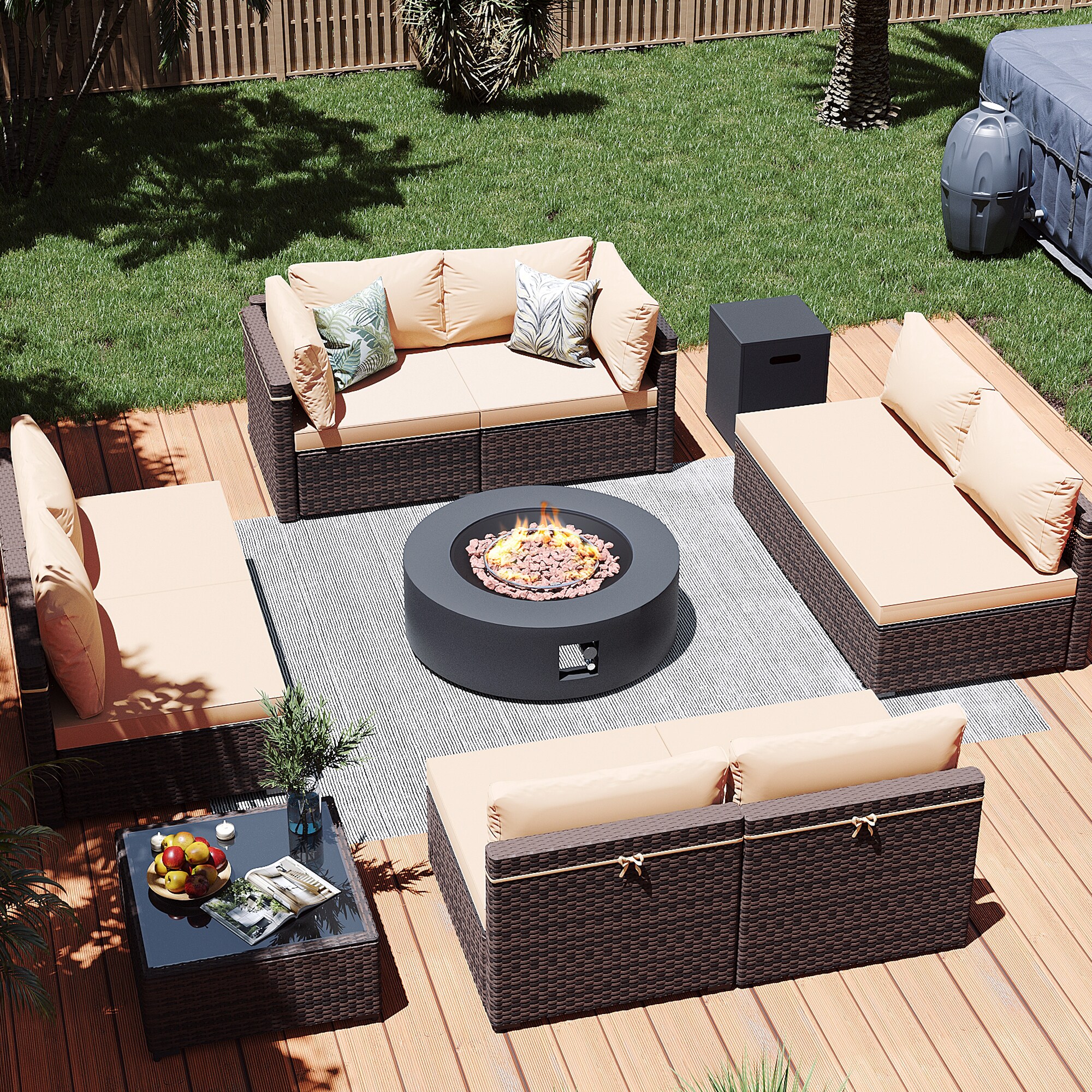 Patio Watcher LS-RT9-KD42DK-B1 10 -Piece Rattan Patio Conversation Set with Beige Cushions