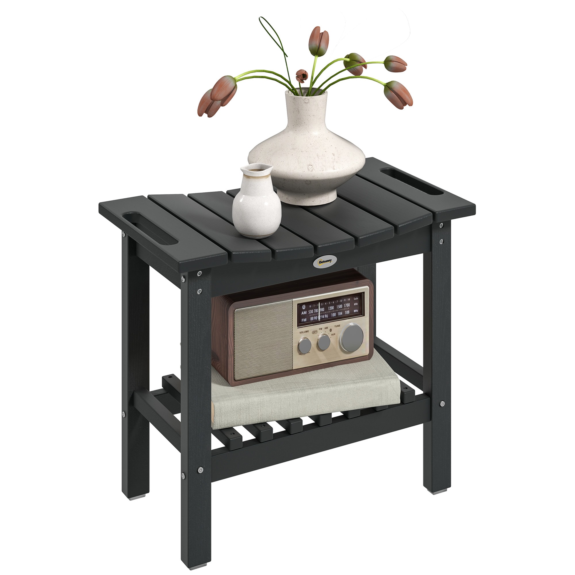 Outsunny 84G-744V00BK Shower Bench HDPE Shower Stool with Handle Storage Shelf for Indoor Outdoor Black