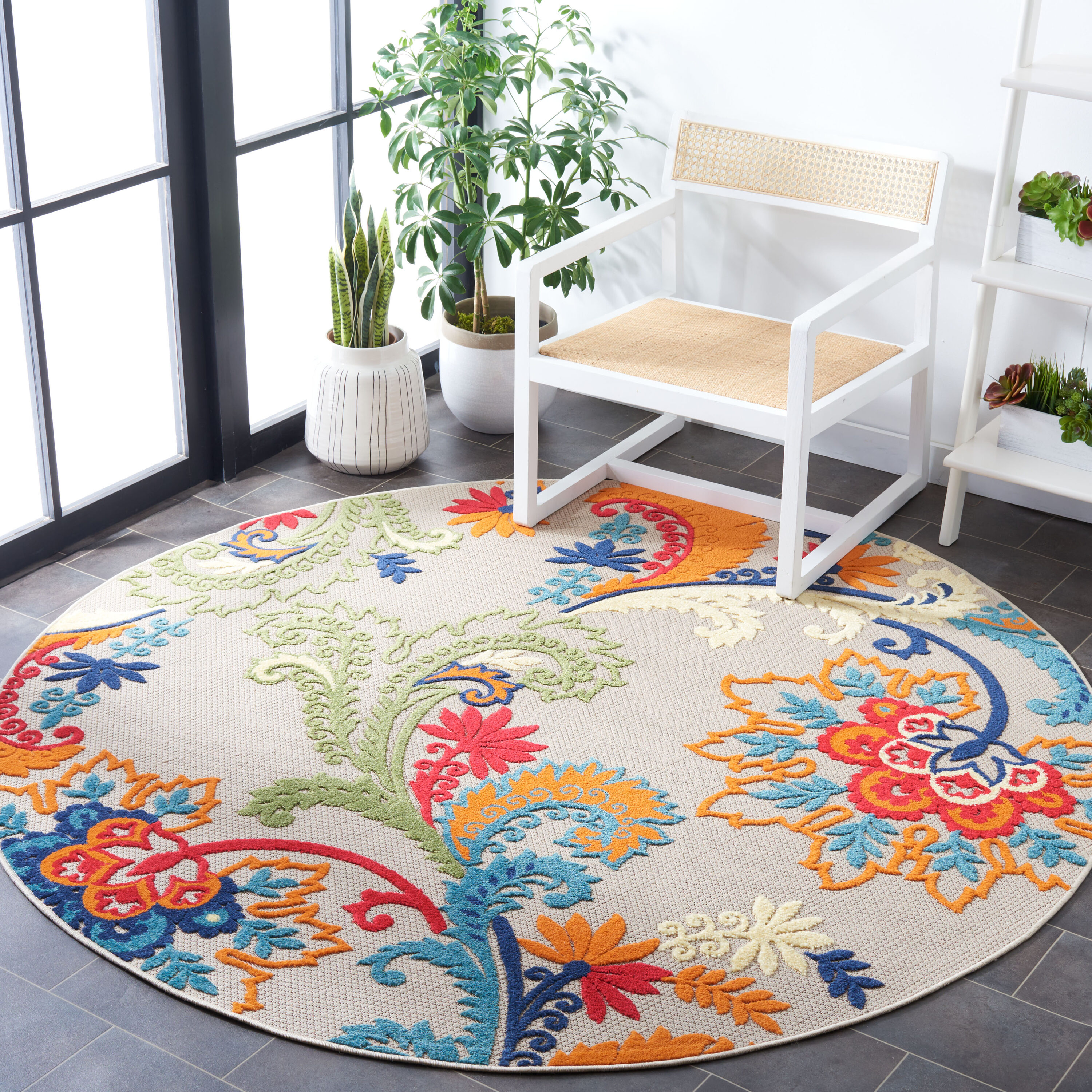 Ivory and Blue Floral Round Reversible Synthetic Rug