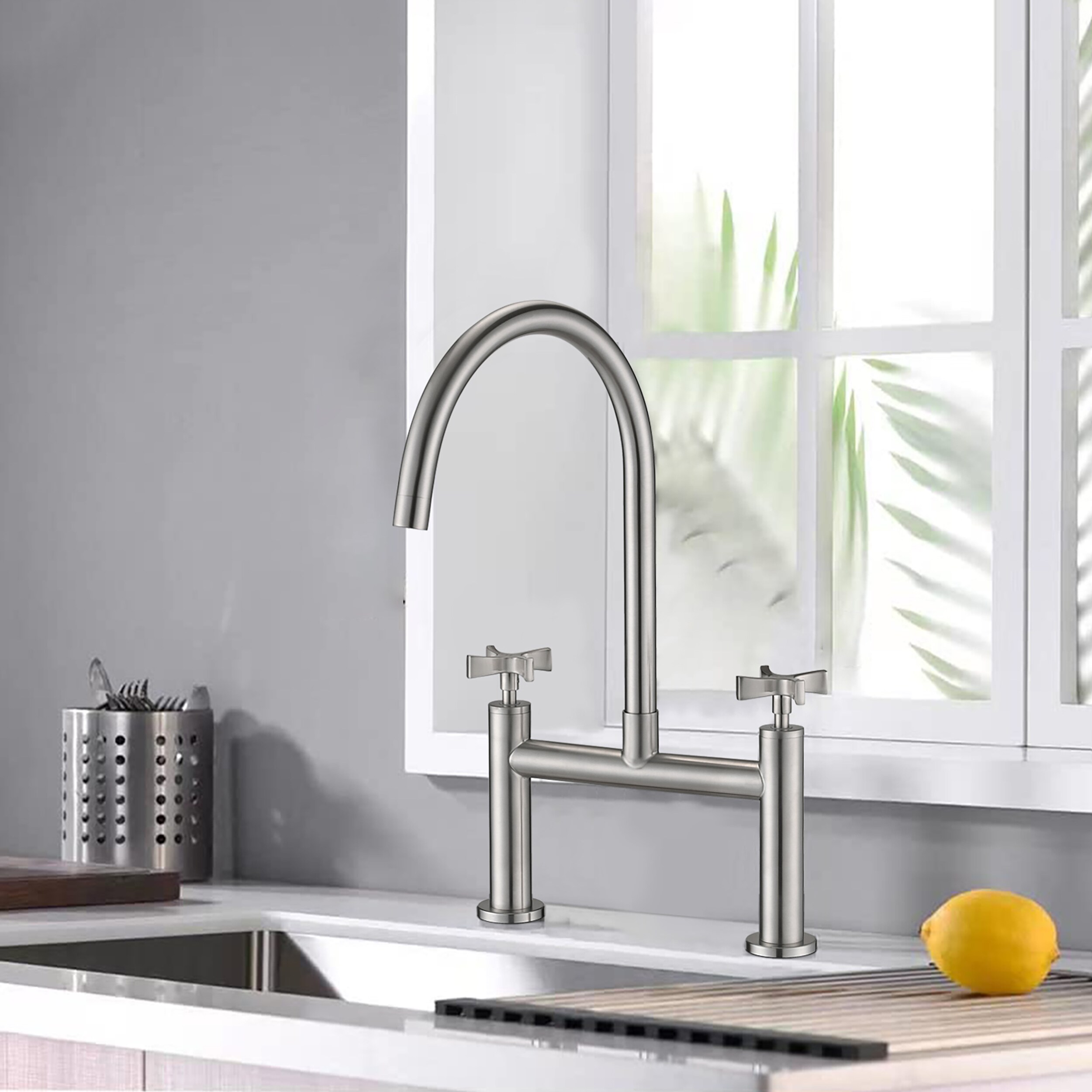 CASAINC Brushed Nickel Double Handle Bridge Kitchen Faucet In The   60996168 