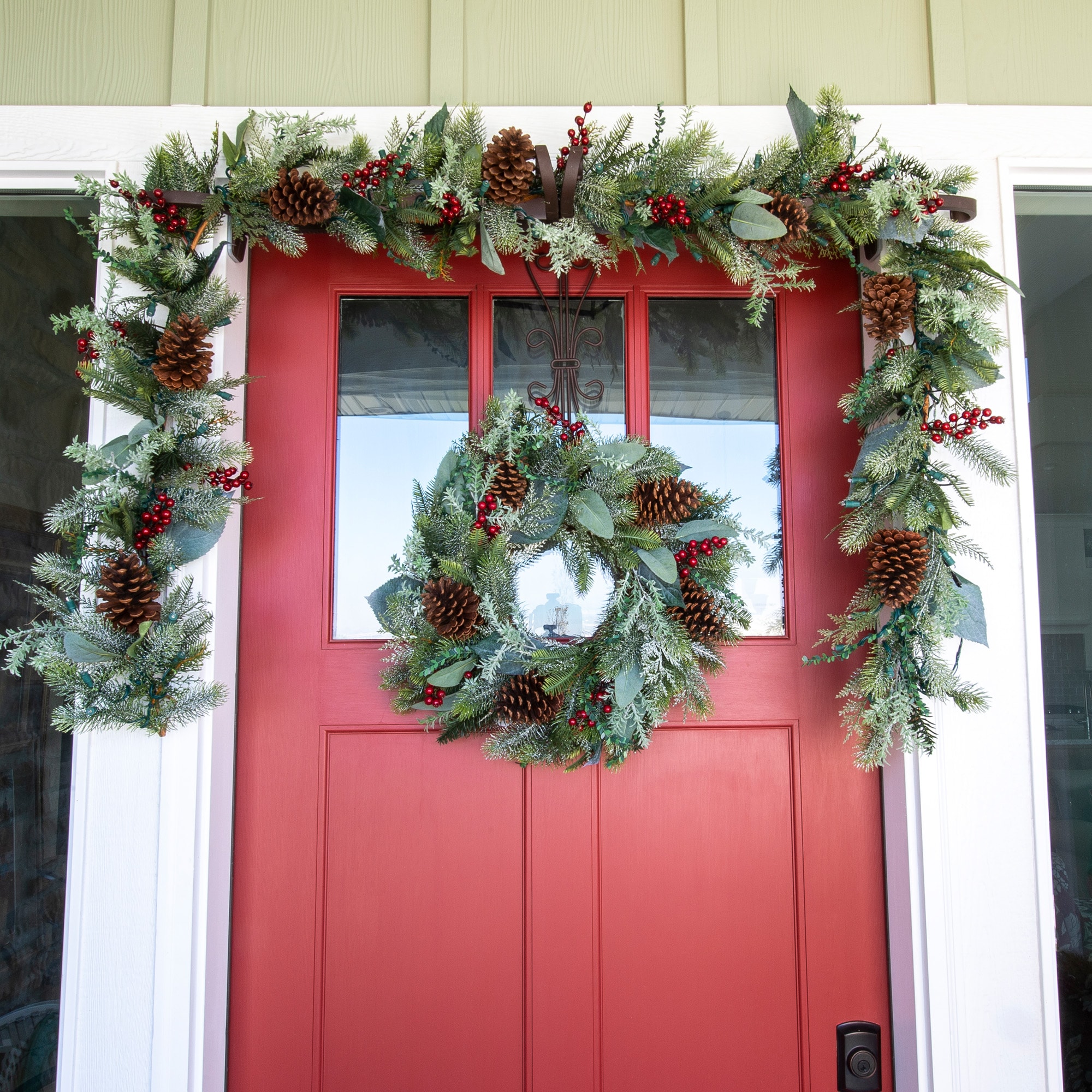 24-Inch Pre-Lit Pine Christmas Wreath with Red and Green Ornaments