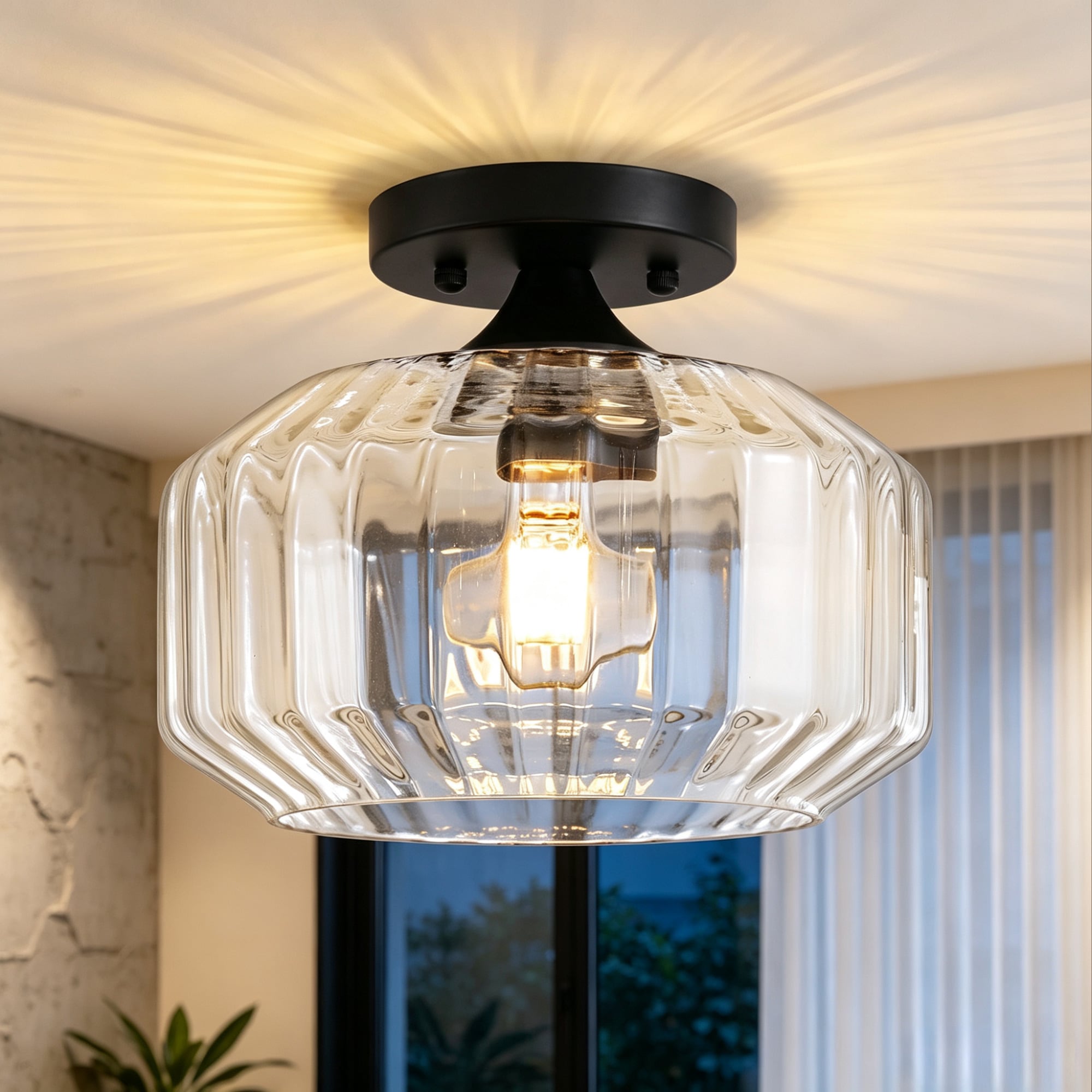 POWLIG Semi-flush Light 1 -Light Black Modern/contemporary Clear glass Bowl Mini Outdoor Hanging Convertible pendant/Semi-flush Light