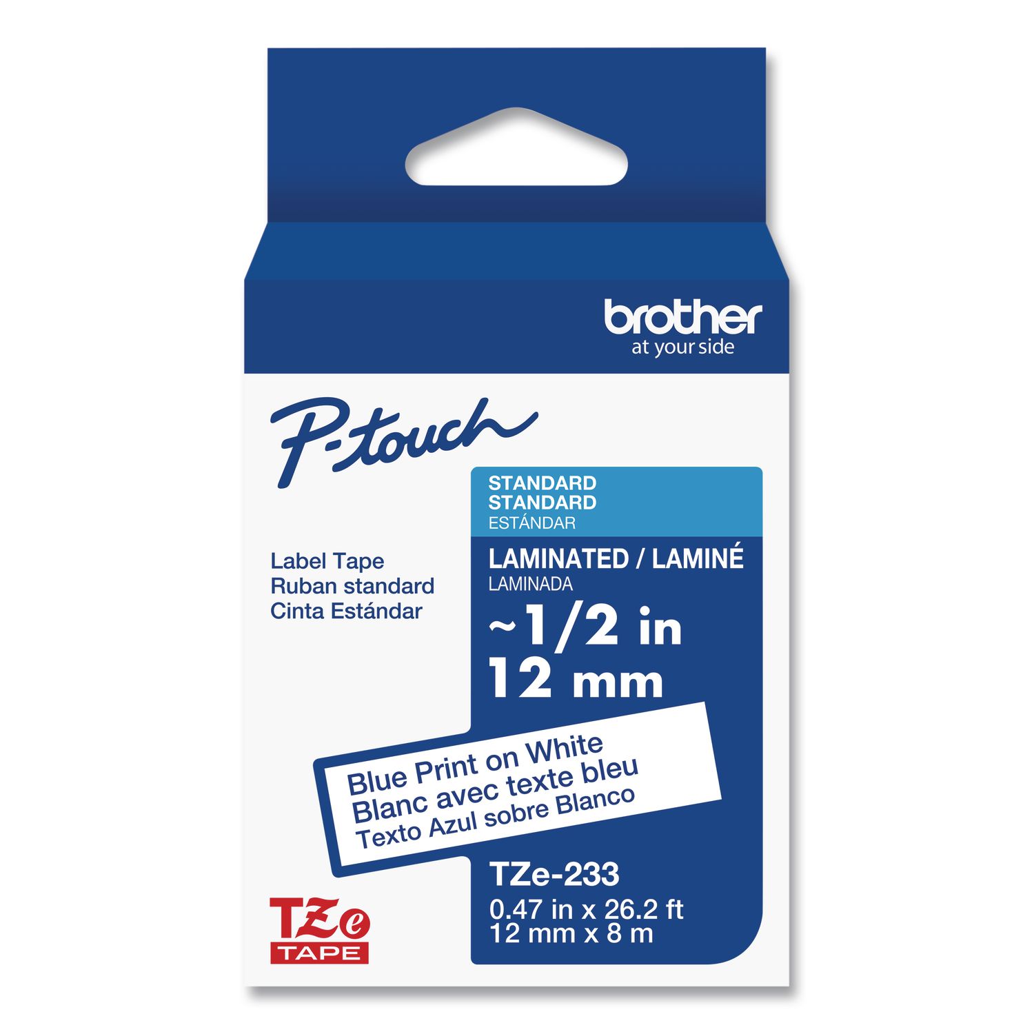 Brother Tze Laminated Removable Label Tapes 0.47 X 26.2 Ft Blue On White