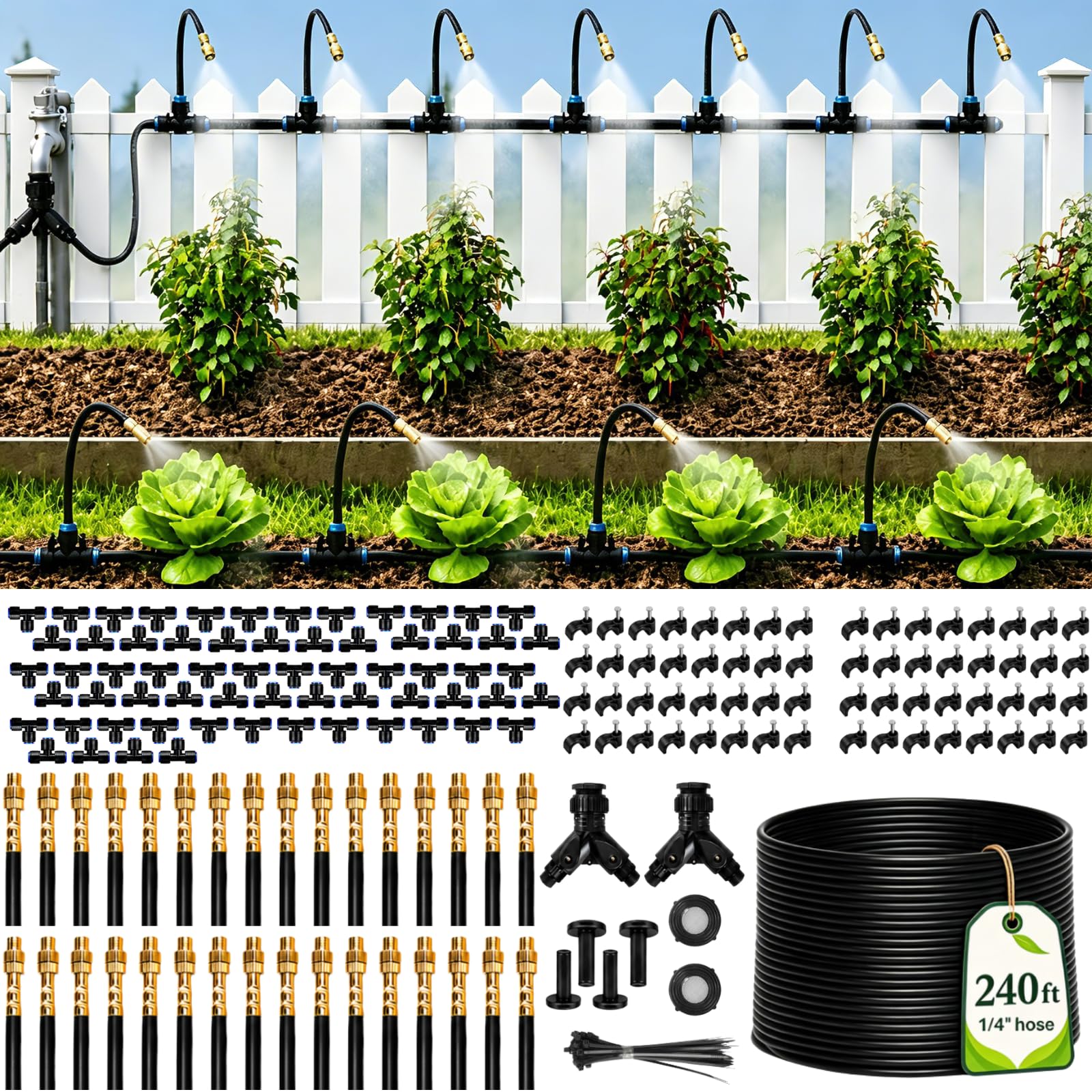 KIWDZFU  240Ft 1 quarter In Drip Irrigation System with 360 Degree Adjustable Copper Nozzles for Garden and Outdoor Plants