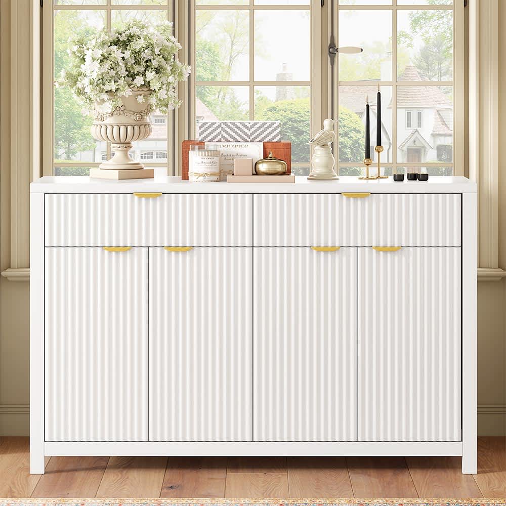 JUJABU DINCABINET-16 White Modern Wave-Pattern Sideboard Cabinet with 2 Drawers and 4 Doors 3-Level Adjustable Shelves Suitable for Entryway