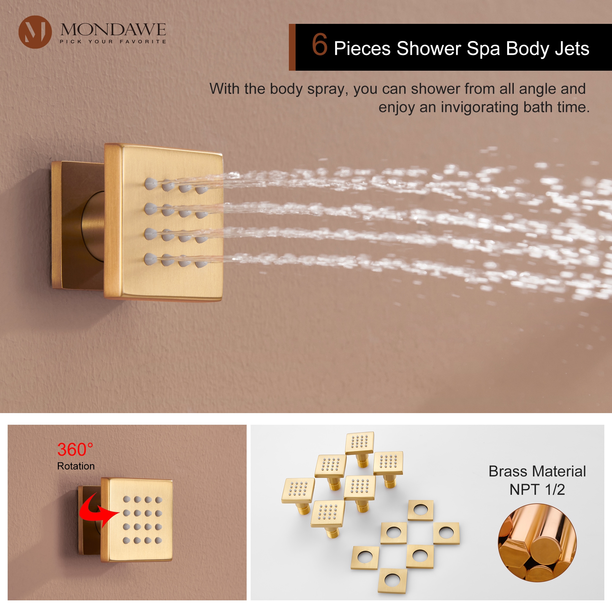 Brushed Gold 12" Stainless Steel Ceiling Mounted Shower System with 6 Body Jets