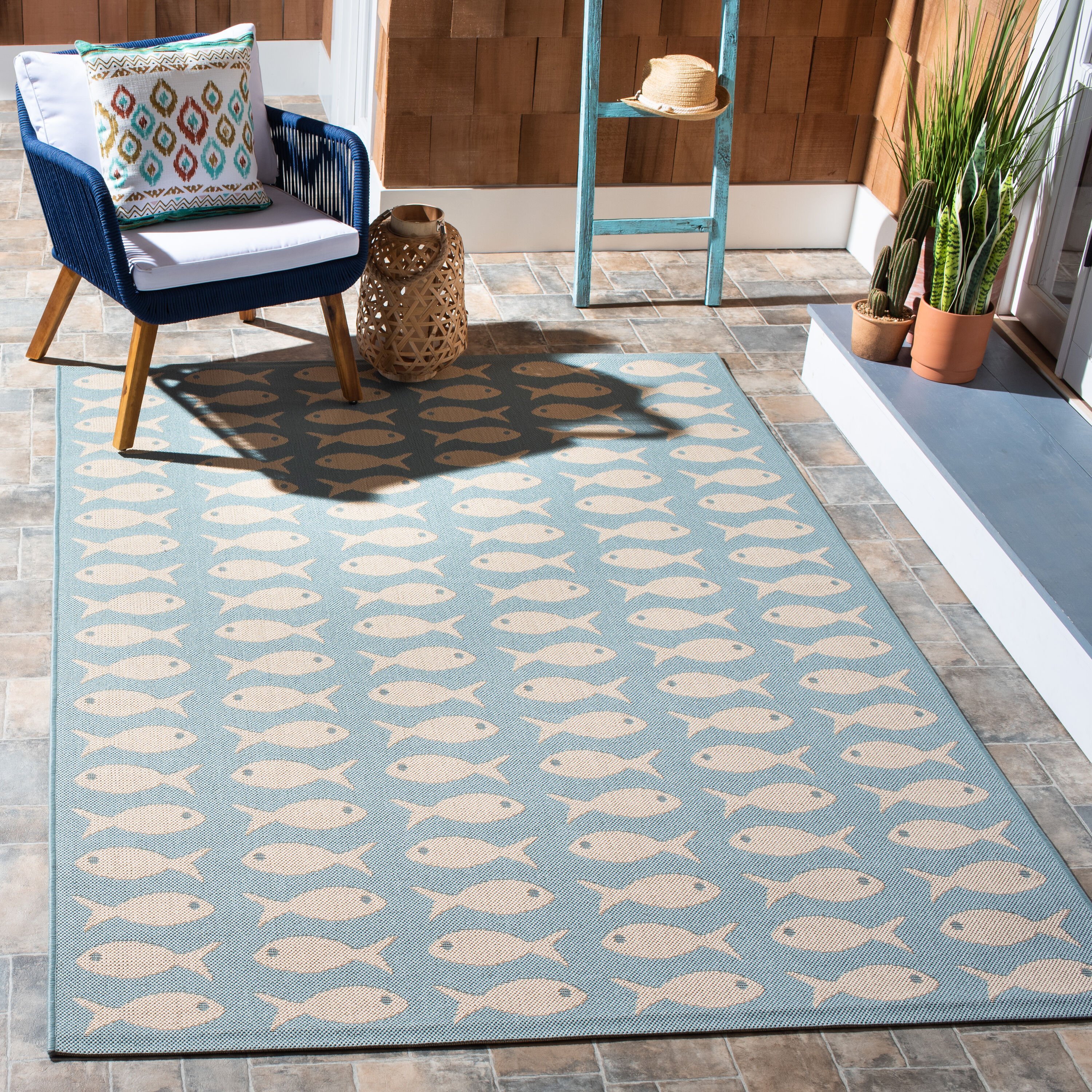 Safavieh CY6013-223-4 Courtyard 4 x 6 (ft) Loomed Synthetic Aqua/Beige Rectangular Indoor/Outdoor Geometric Area rug