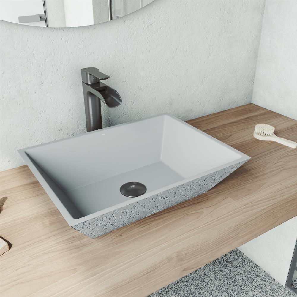 VIGO VGT1505 Calendula Ash Concrete Vessel Rectangular Modern Bathroom Sink with Faucet Drain Included (18-in x 13.75-in)