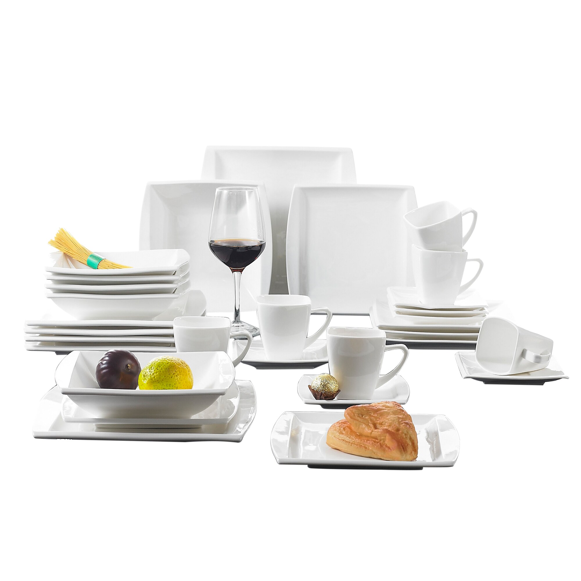 MALACASA Series Blance Porcelain Dinnerware Set Kitchen Dish Square Plates  Bowls