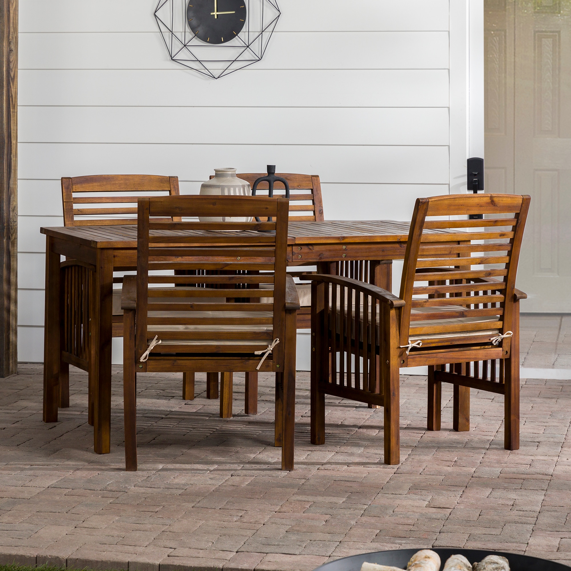 Walker Edison LWW5SDTDB 5 -Piece Dark Brown Patio Dining Set Wood Rectangle Table with 4 Tan Cushions Stationary Chairs