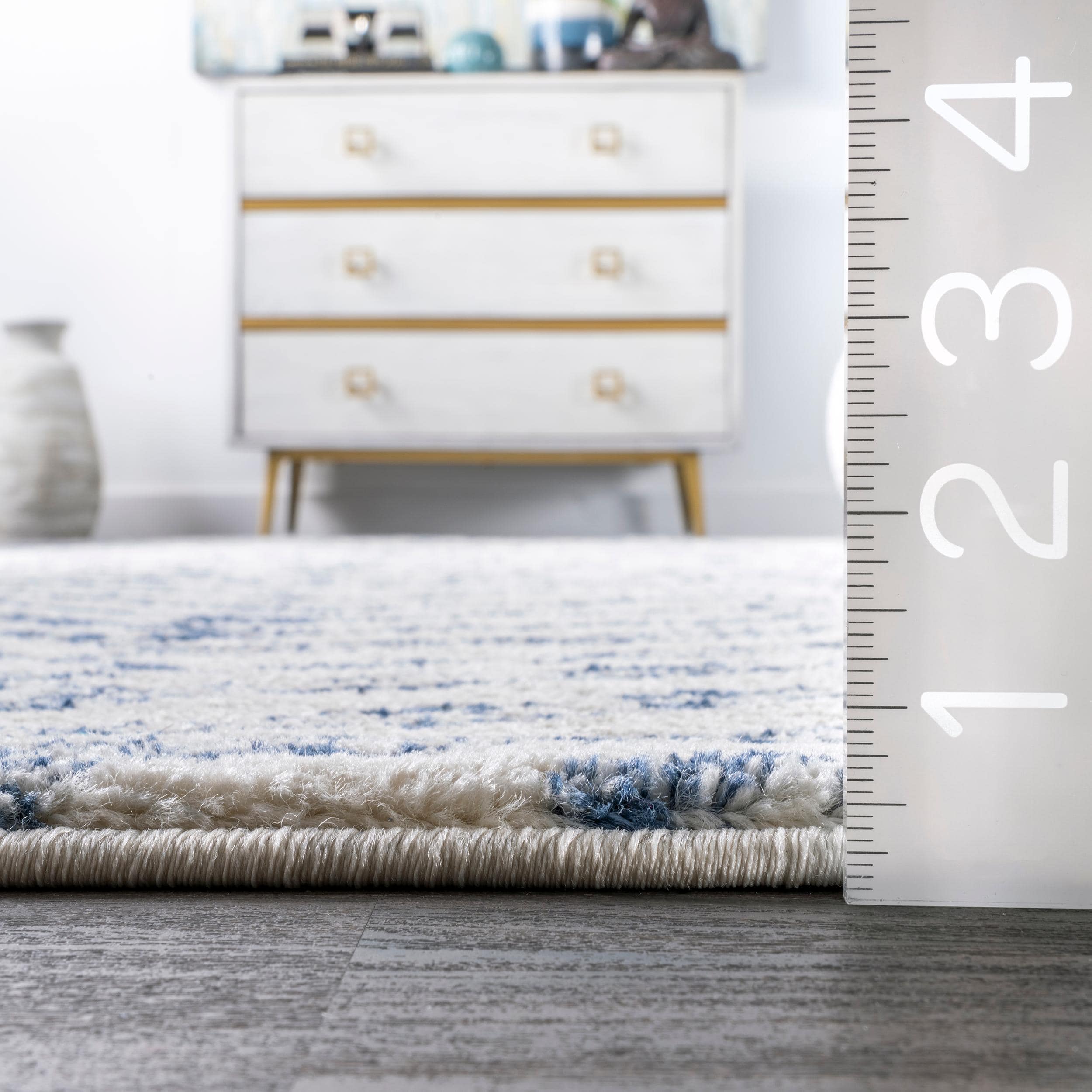 Blue and White Geometric Synthetic Runner Rug, 2'6" x 12'
