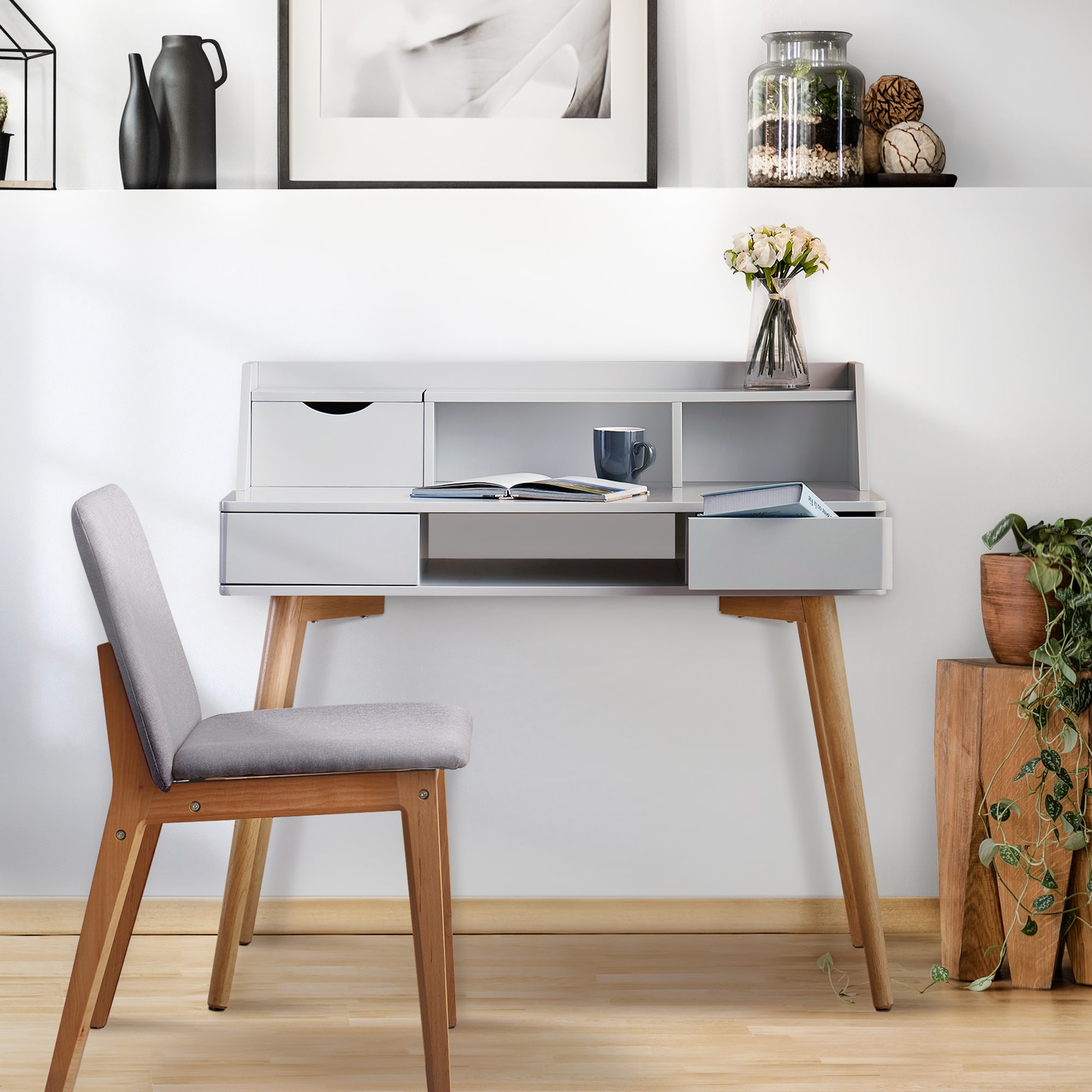 Light Gray Wooden Writing Desk with Hutch and Drawers
