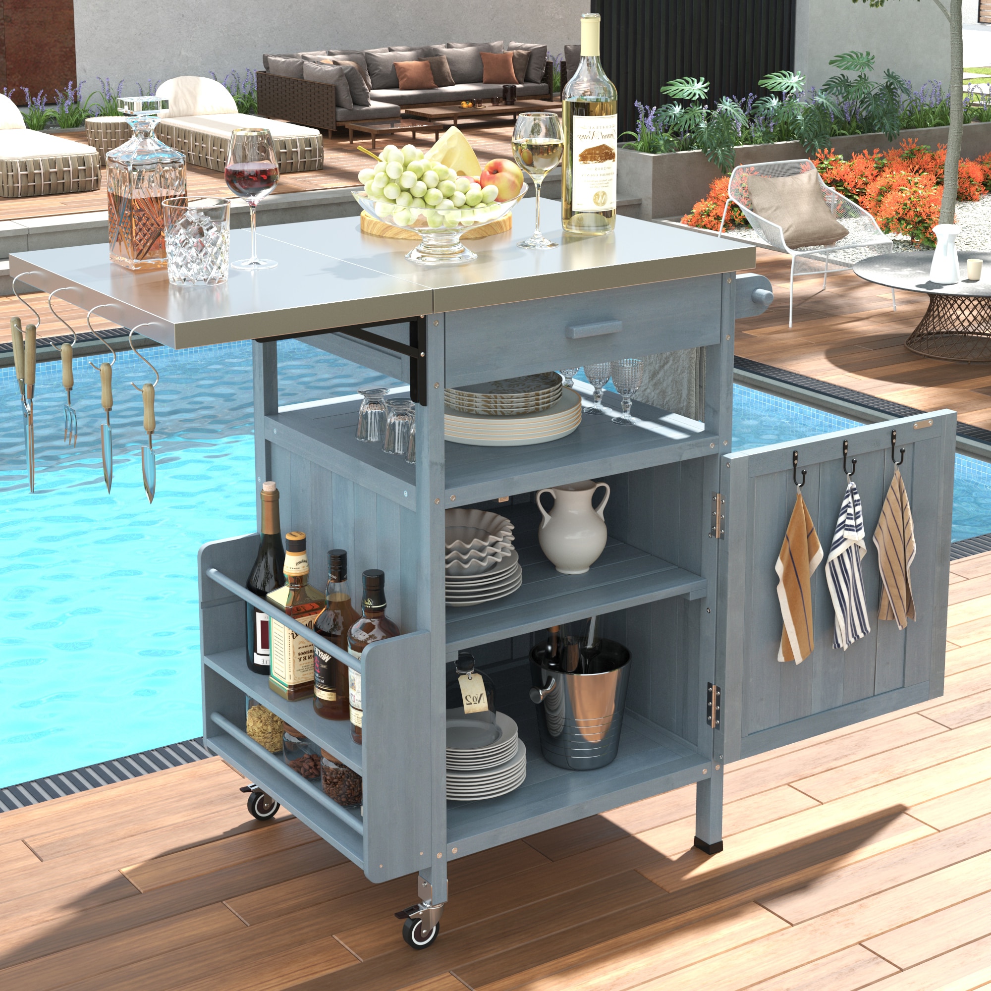LUXEYARD 41 Inch Outdoor Grill Cart Solid Wood Stainless Steel Top Blue Grey