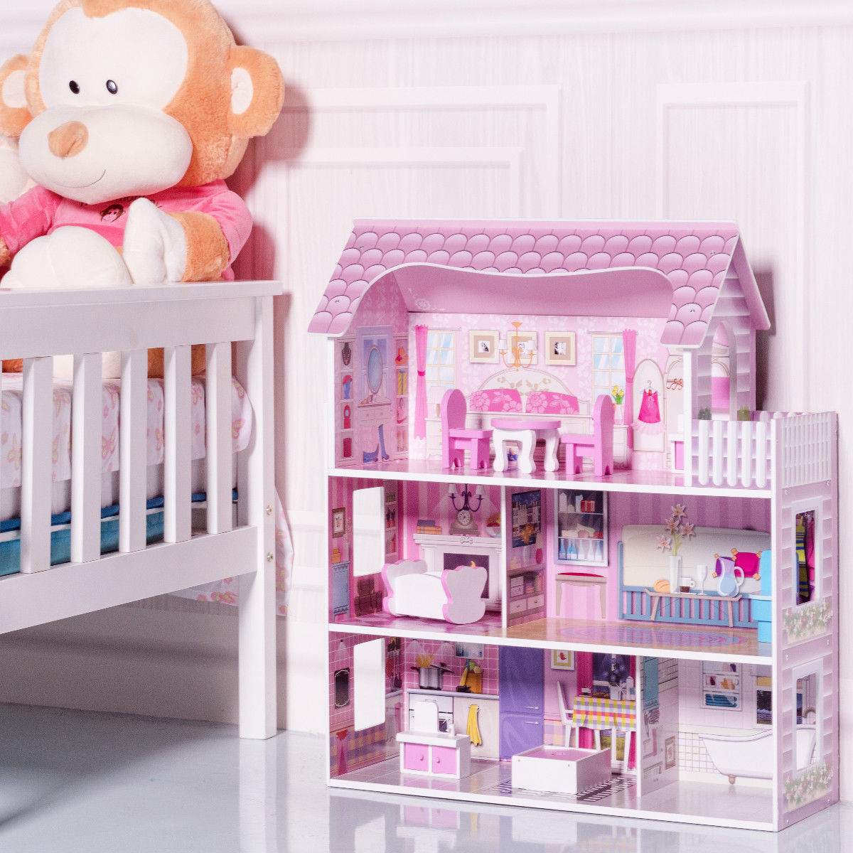 Goplus 28 inch Pink Doll House w/Furniture Gliding Elevator Rooms 3 Levels  Young Girls Toy at