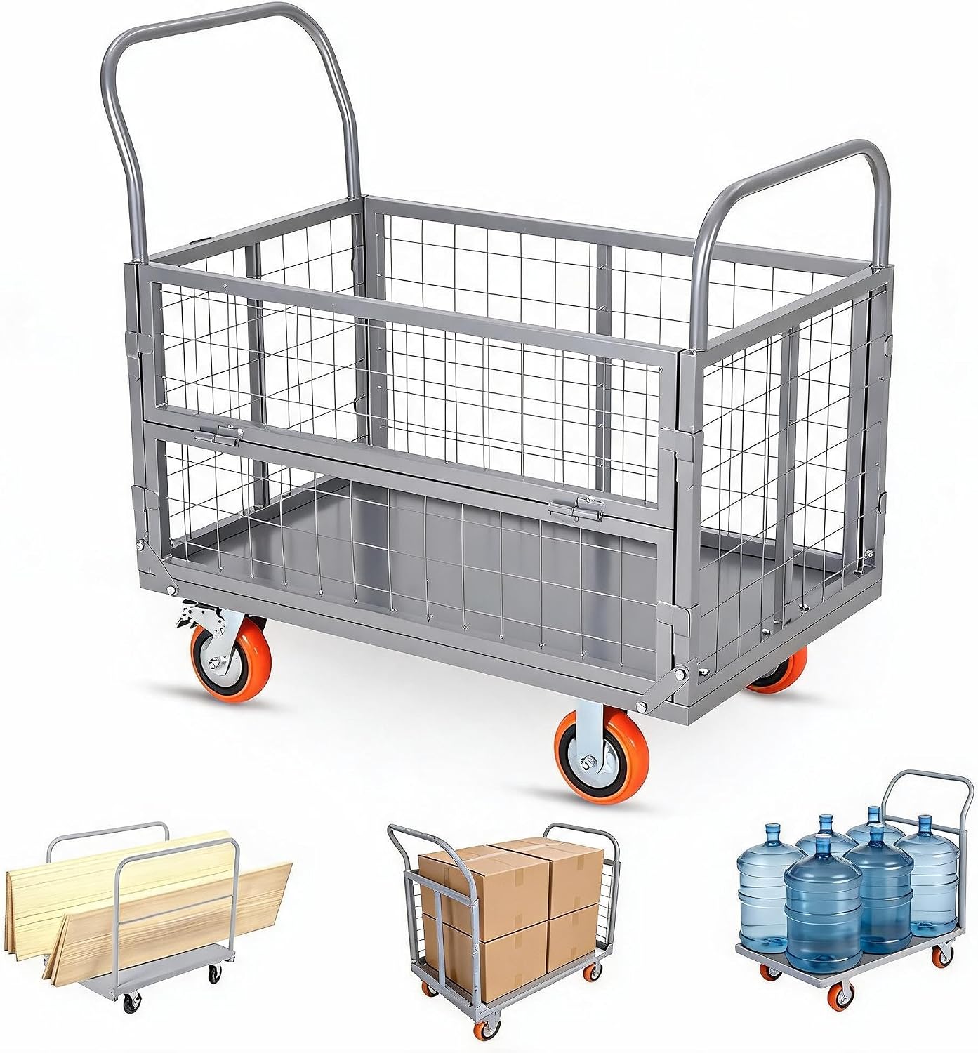 GAOMON Q235 Steel Rolling Cage Transport Cart 40x24 Inch 1800 Lbs Load Capacity Industrial Warehouse Utility Dolly- Silver