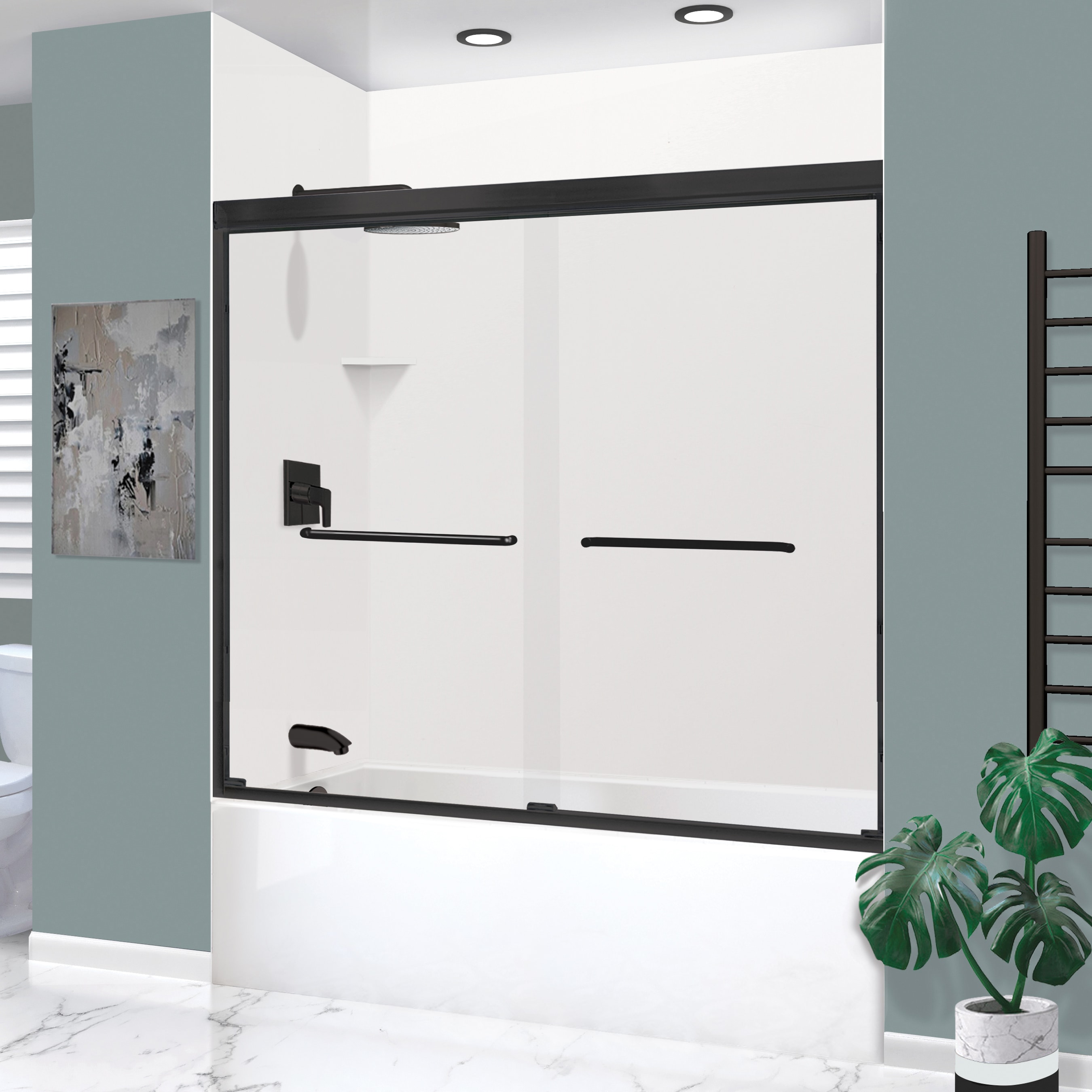 Transolid KTAE6030L-31MB Expression 30-in W x 60-in L x 88-in H White/Matte Black 5 -Piece Bathtub Shower Combination Kit (Left Drain) with Tub/Wall/Door Included Drain Included