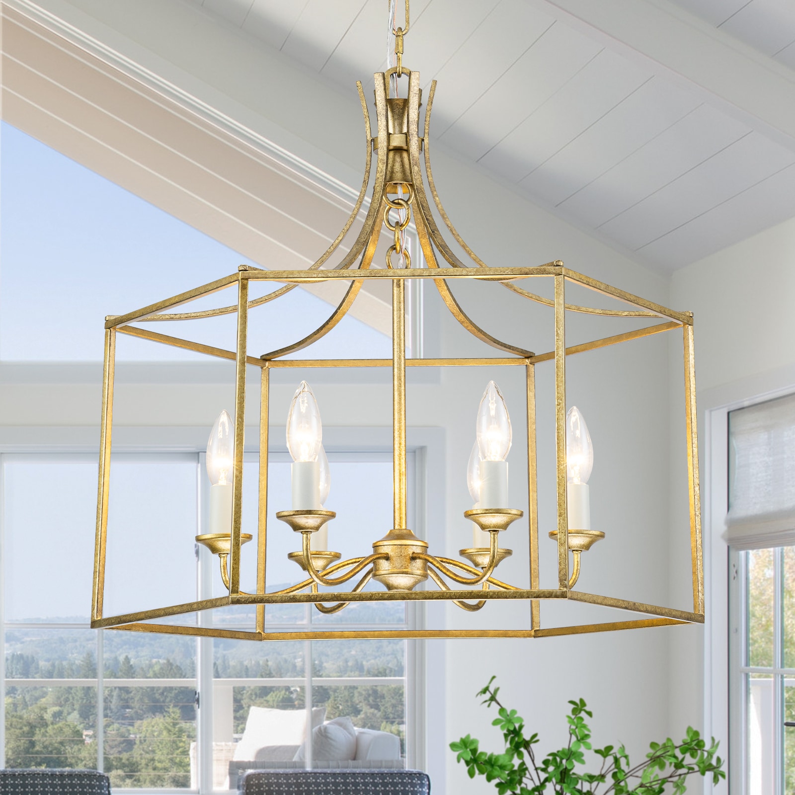 MENCOLULU 22.24-inch Candle Style Gold Geometric Cage Chandeliers 6 -Light Gold Bare bulb Metal Chandelier