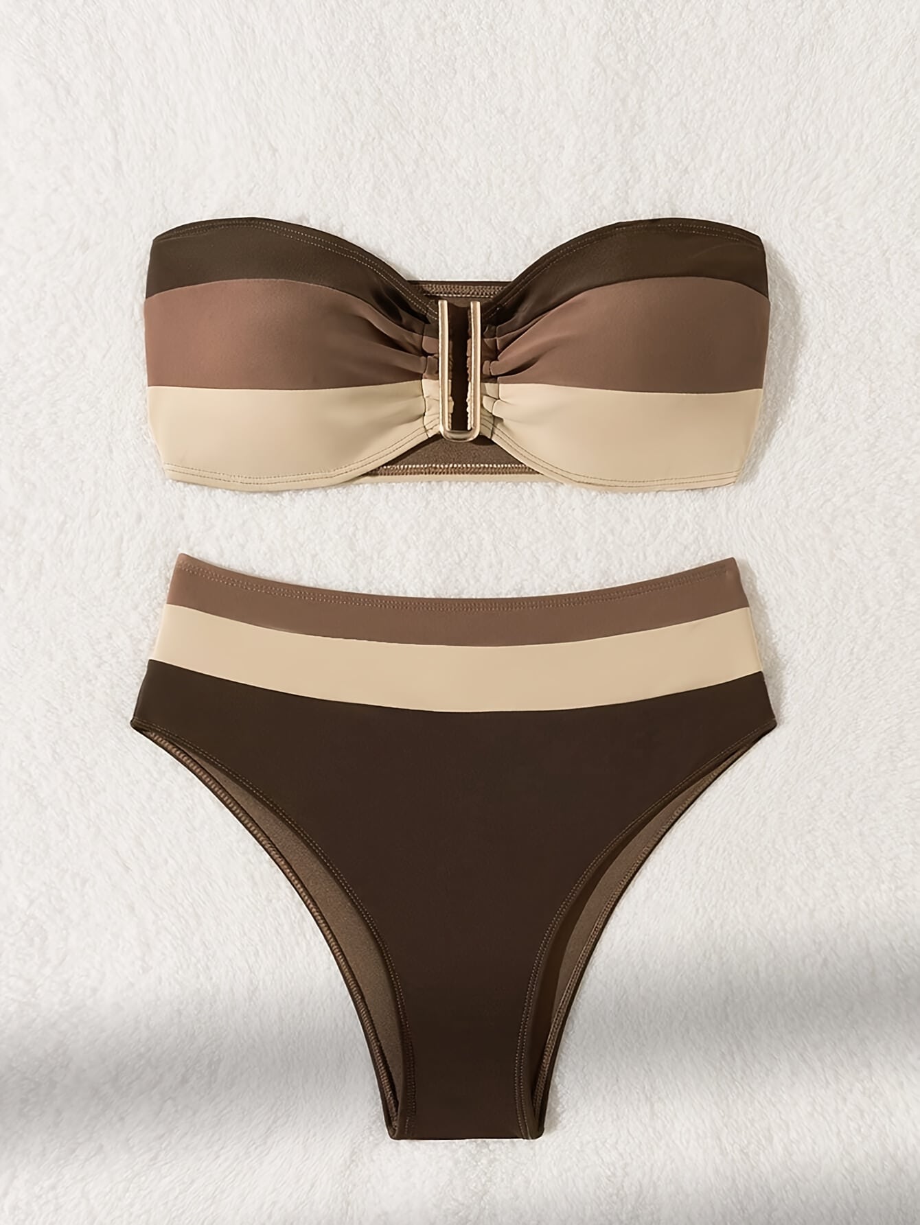 BEARSOLIM Women's Brown Color Block Bandeau Bikini Set with Gold Buckle - High Waisted Two Piece Swimsuit-S