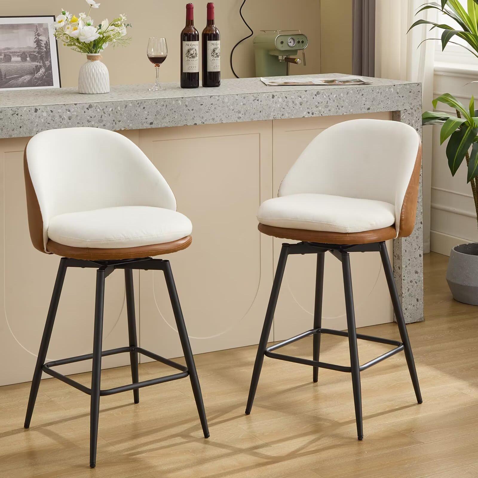Qeetex JXNAG-PHO-15WY9DNS Counter Height Bar Stools Set of 2 26 Inch Swivel Barstools with Back and Metal Legs for Kitchen Counter Modern Upholstered Stools Island Chairs-Brown PU Leather + Beige Linen