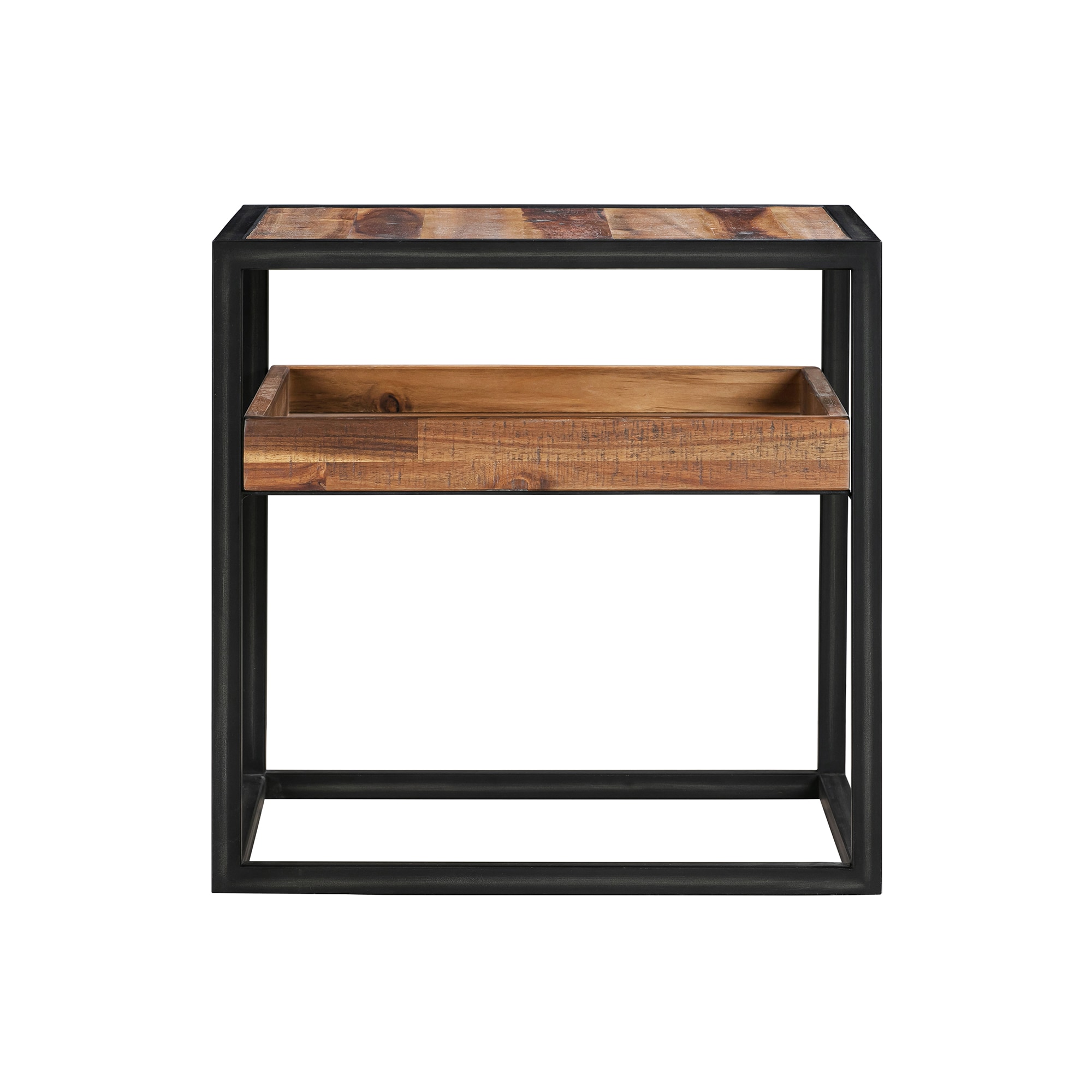 Acacia and Black Metal Square End Table with Shelf