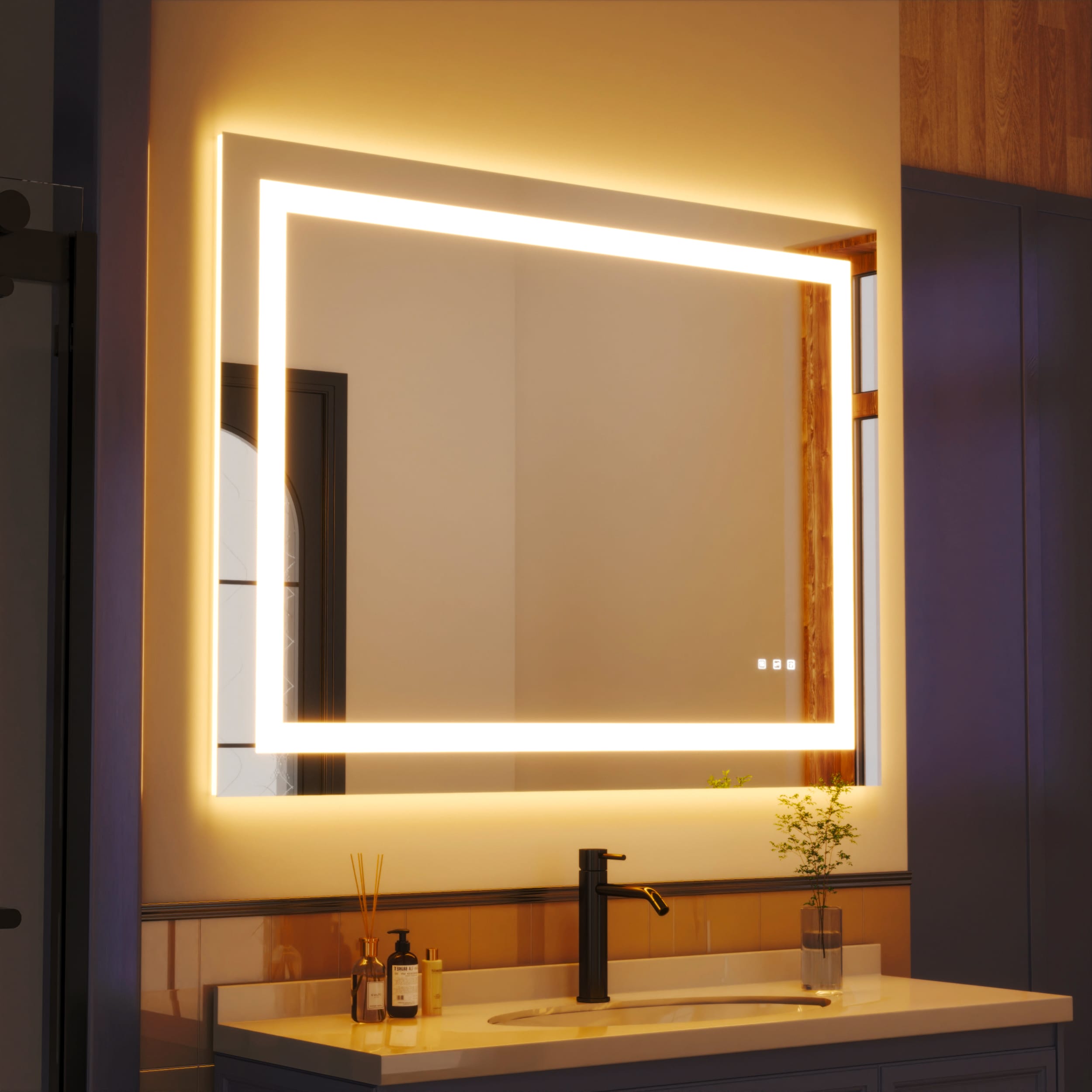 waterpar WPLO-2184 Backlit + Frontlit 36-in x 32-in Polished Frameless Rectangle Dimmable LED Lighted Fog Free Bathroom Vanity Mirror ( Clear )