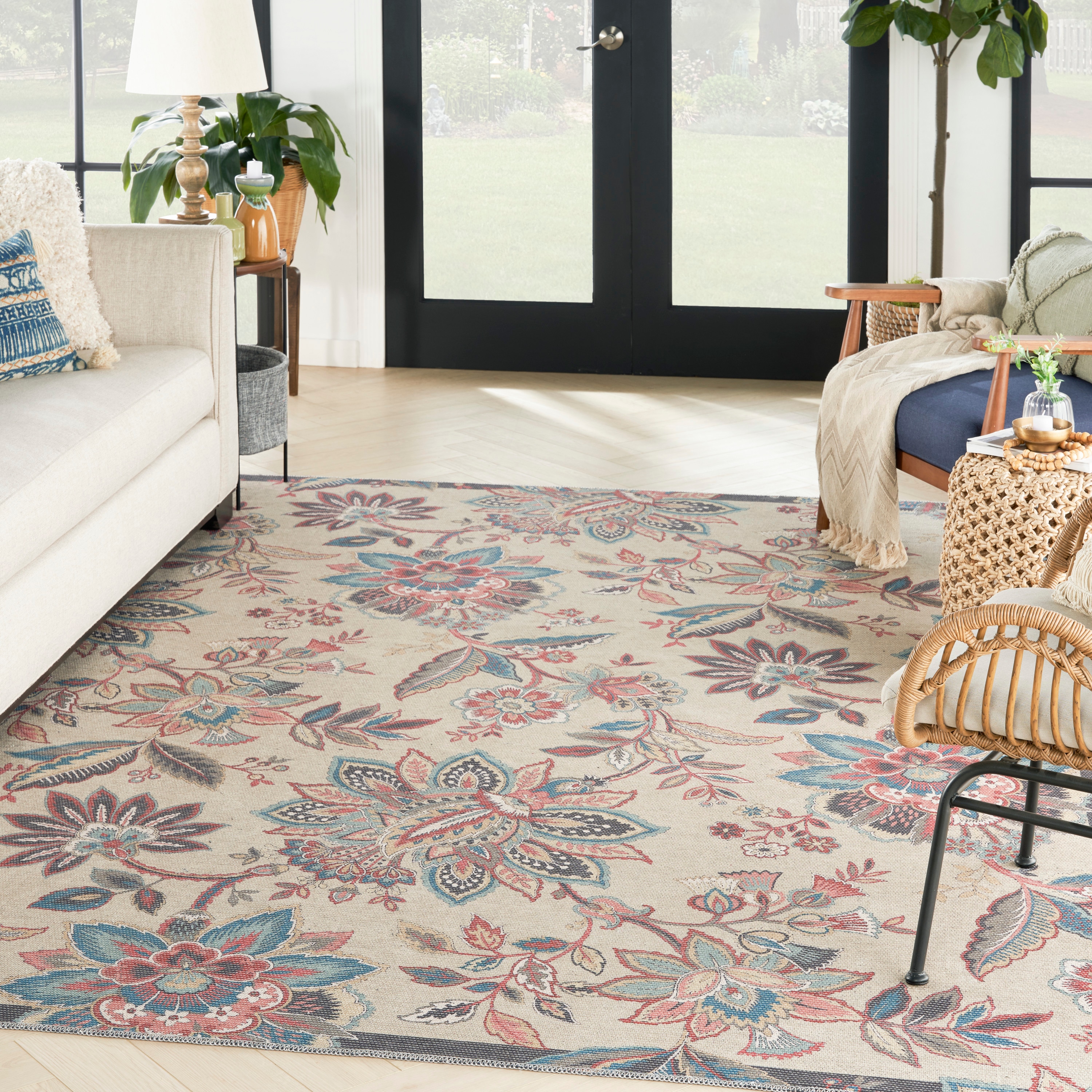 Waverly 099446892225 Washables 8 x 10 (ft) Loomed Polyester Beige Rectangular Indoor Floral/Botanical Machine washable Area rug